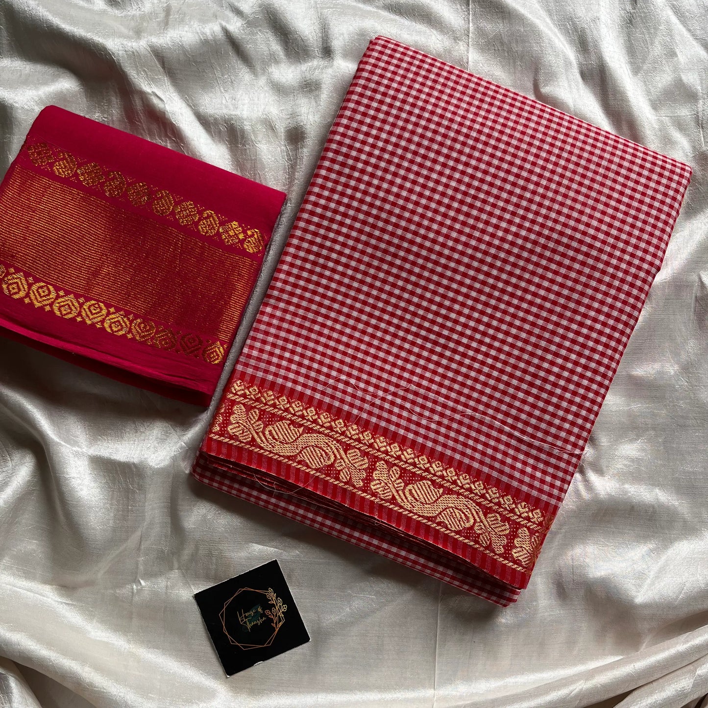 Pastel Red Checked Chettinadu Cotton Saree with Contrast Blouse – Mini Kattam Edit by House of Thansha, bestseller handloom cotton saree