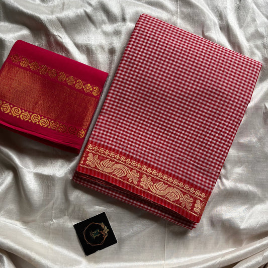 Pastel Red Checked Chettinadu Cotton Saree with Contrast Blouse – Mini Kattam Edit by House of Thansha, bestseller handloom cotton saree