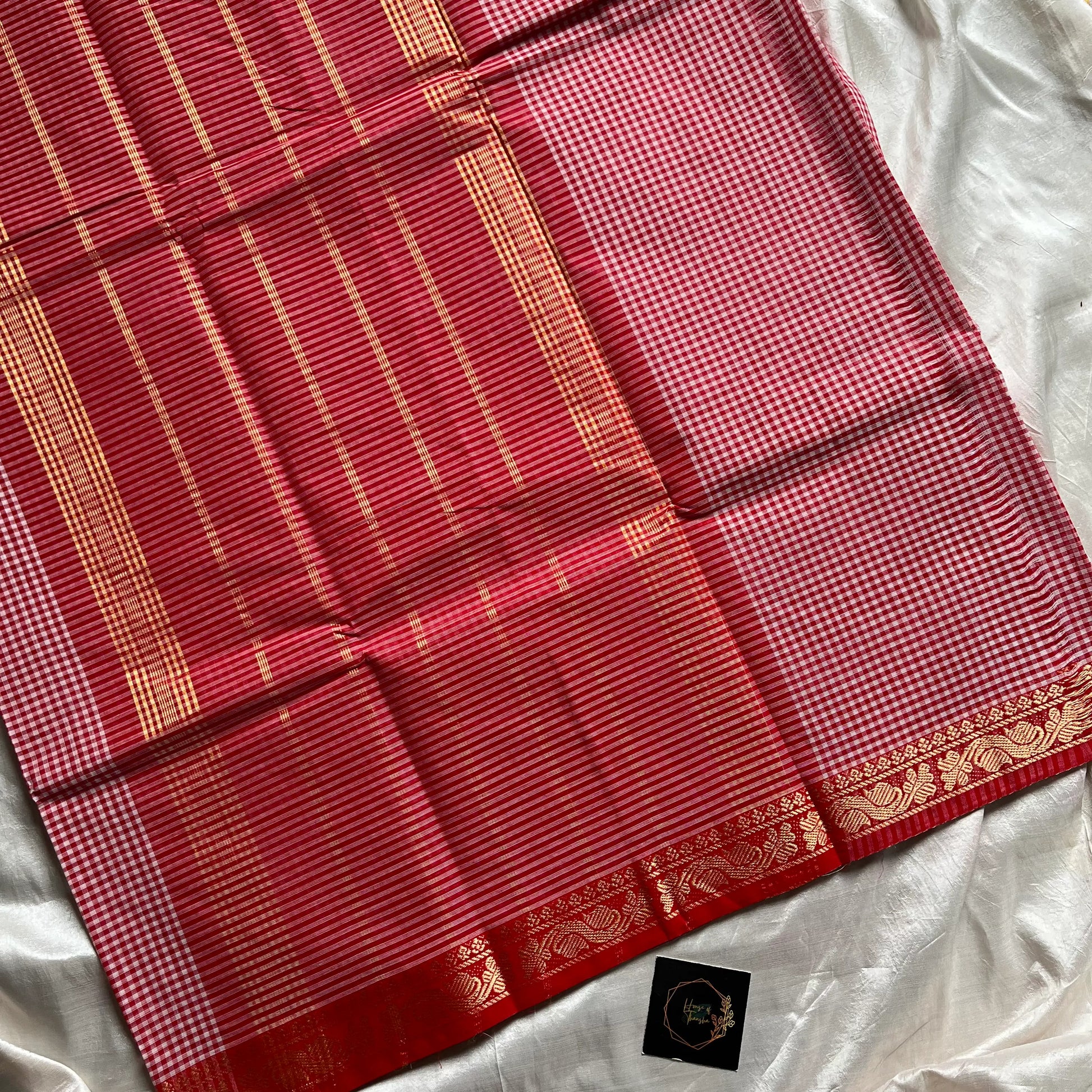 Pastel Red Checked Chettinadu Cotton Saree with Contrast Blouse – Mini Kattam Edit by House of Thansha, bestseller handloom cotton saree