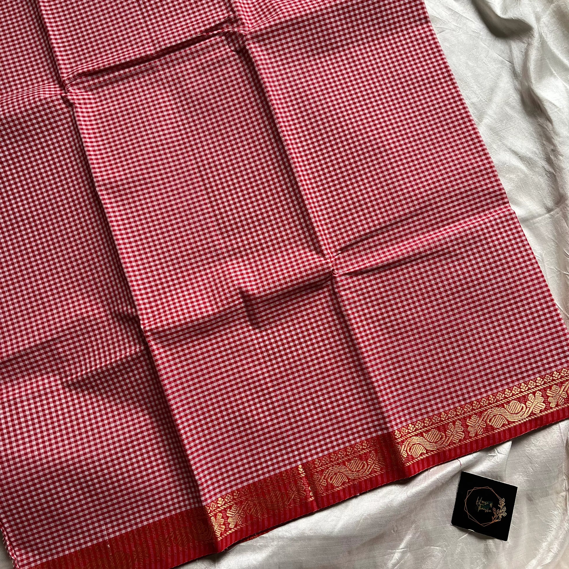 Pastel Red Checked Chettinadu Cotton Saree with Contrast Blouse – Mini Kattam Edit by House of Thansha, bestseller handloom cotton saree