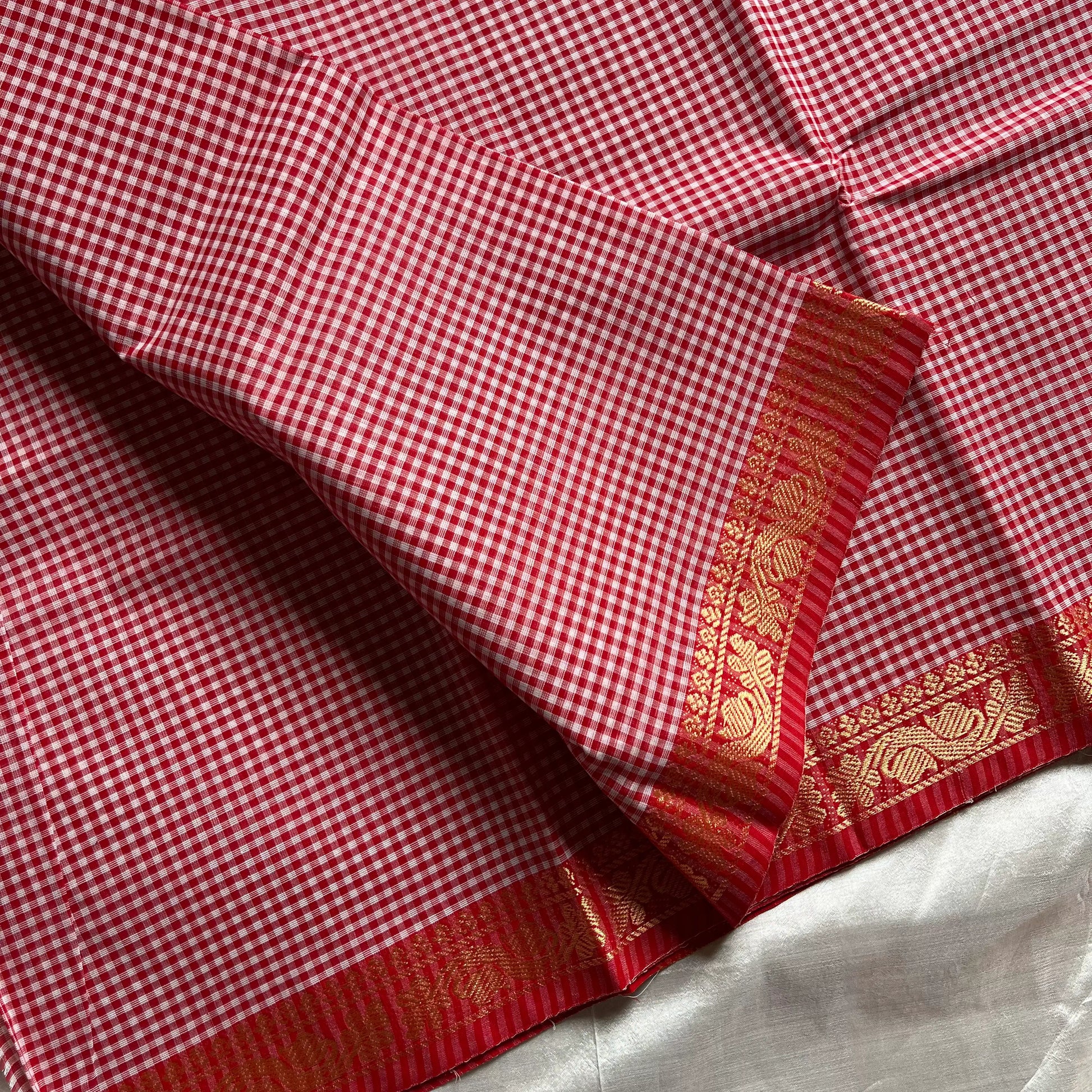Pastel Red Checked Chettinadu Cotton Saree with Contrast Blouse – Mini Kattam Edit by House of Thansha, bestseller handloom cotton saree