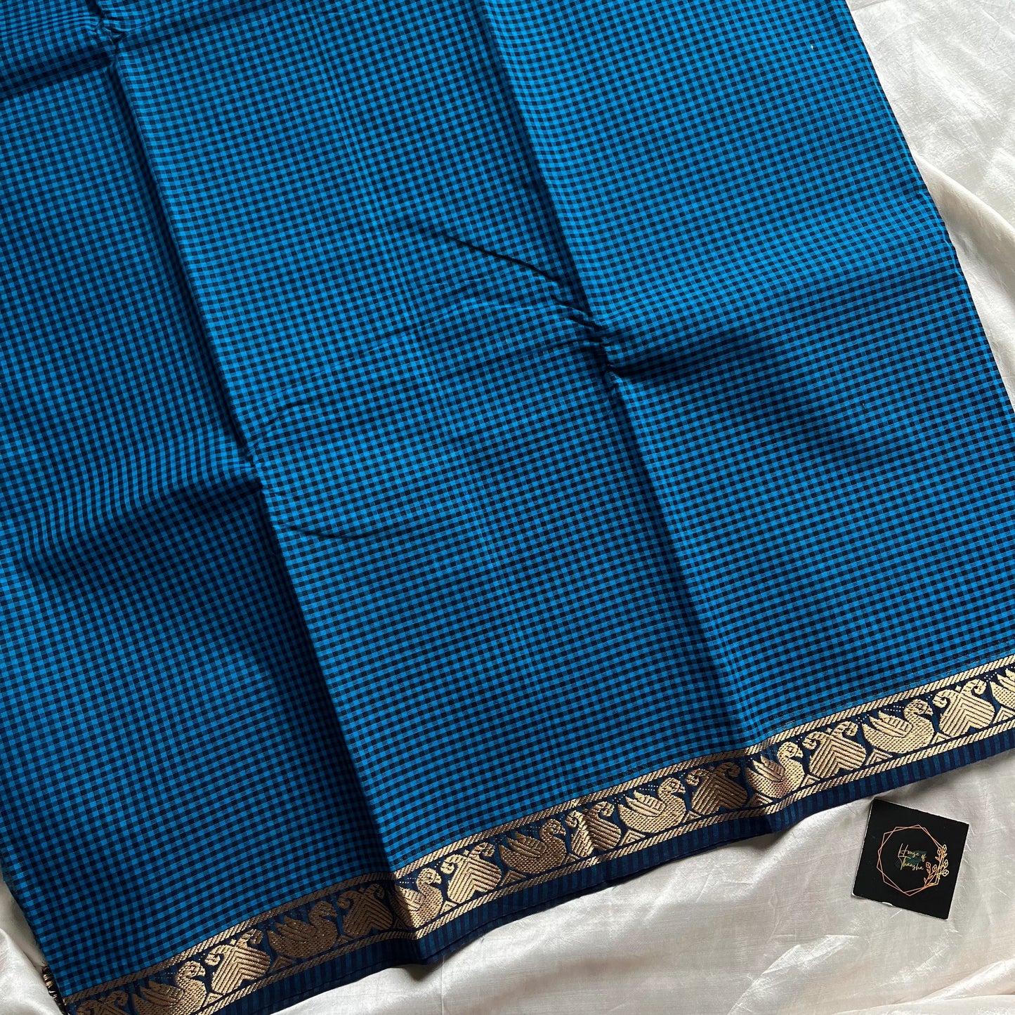 Blue Chettinadu cotton saree with dark blue border – Mini Kattam series