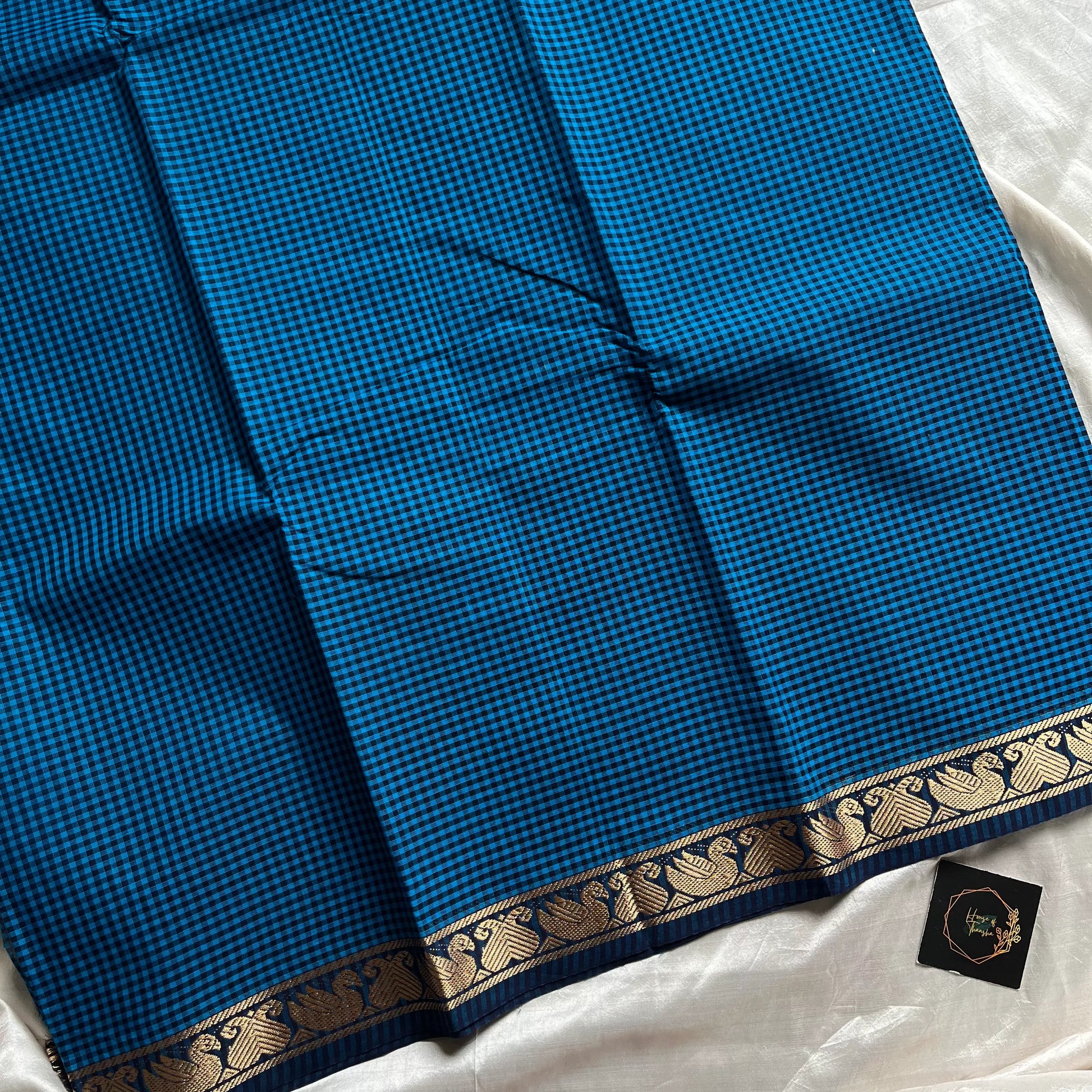 Blue Chettinadu cotton saree with dark blue border – Mini Kattam series
