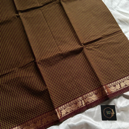 Brown Checked Chettinadu Cotton Saree with Contrast Blouse – Mini Kattam Edit by House of Thansha, bestseller cotton saree for daily wear
