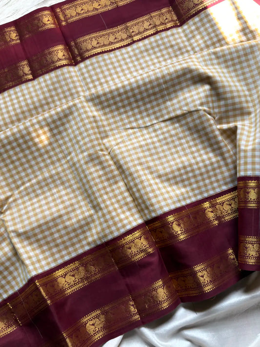 Korvai Kattam 120 count's mercerised Chettinadu Cotton Saree - White with Maroon