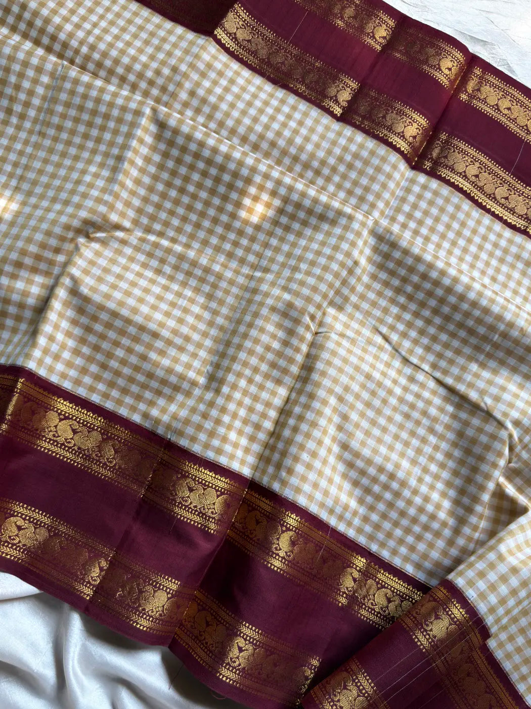 Korvai Kattam 120 count's mercerised Chettinadu Cotton Saree - White with Maroon