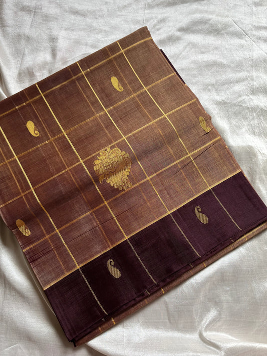 Vegan Weaves –  Pastel brown Checked Handloom Art Silk Saree