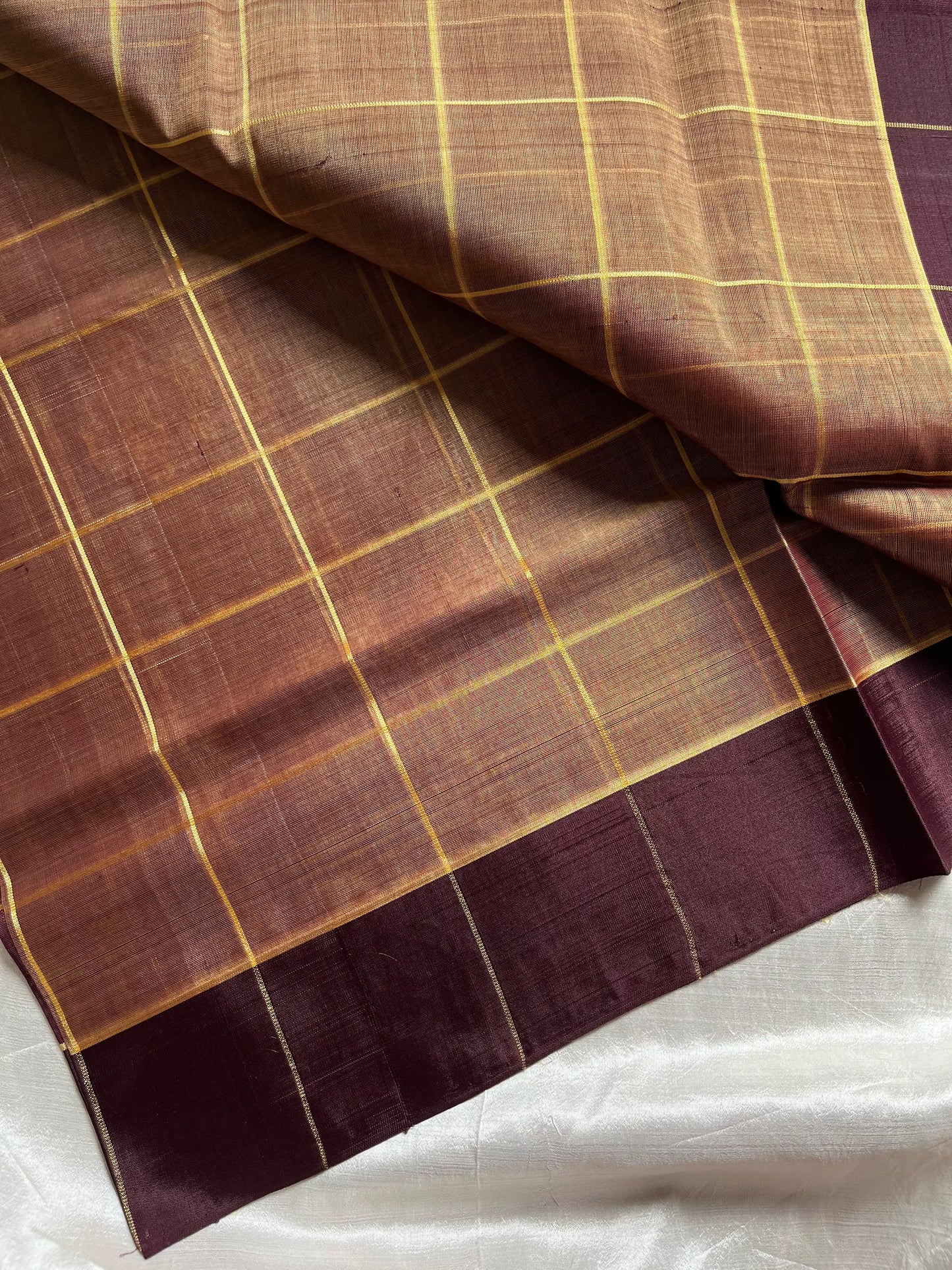 Vegan Weaves –  Pastel brown Checked Handloom Art Silk Saree