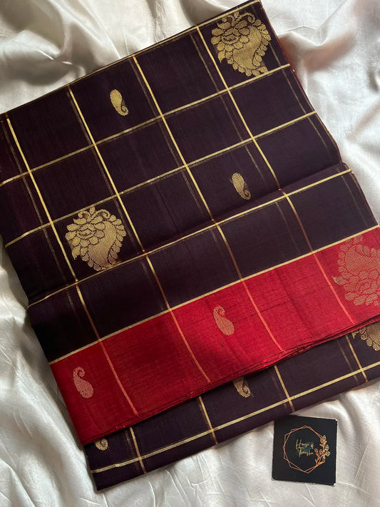 Vegan Weaves – Dark Velvet Plum Checked Handloom Art Silk Saree