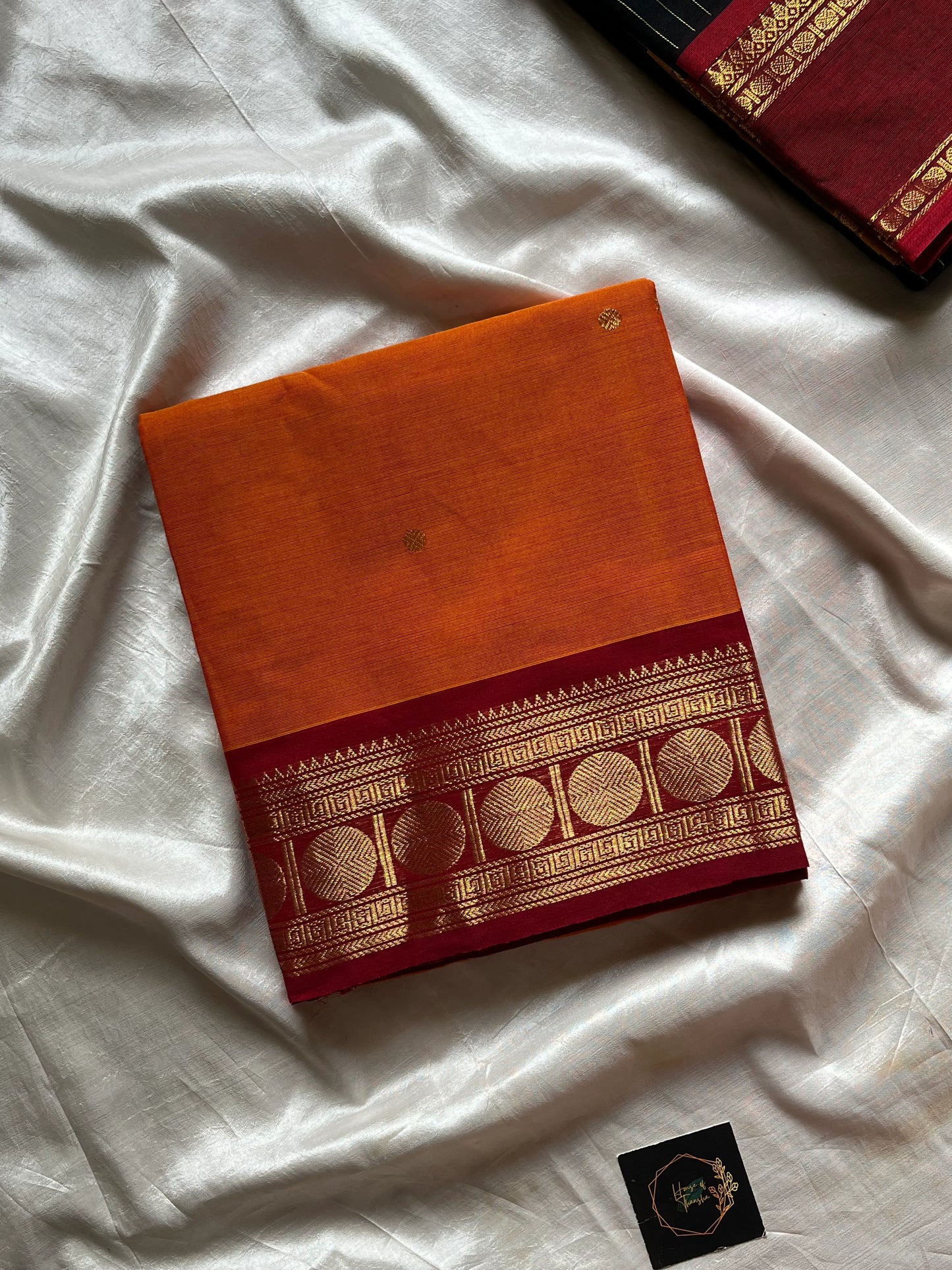 Mango Yellow X Orange Kanchi Cotton Saree with maroon - house of thansha