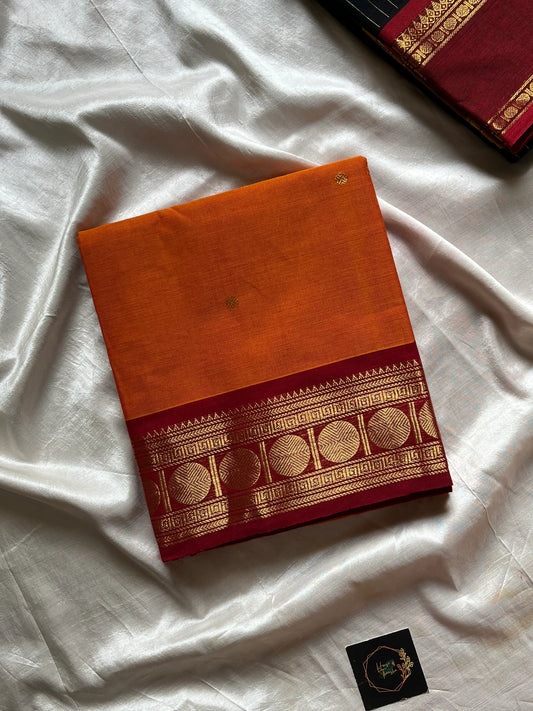 Mango Yellow X Orange Kanchi Cotton Saree with maroon - house of thansha