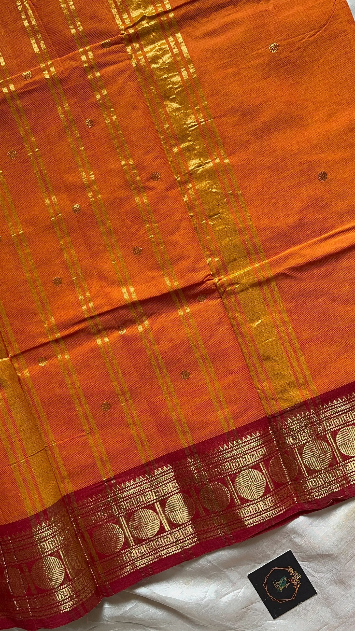 Mango Yellow X Orange Kanchi Cotton Saree with maroon - house of thansha