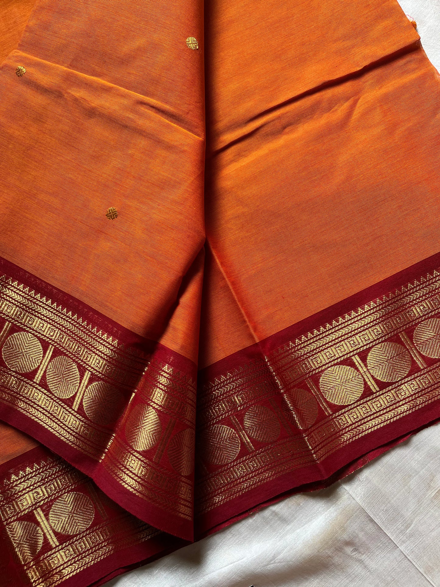 Vintage Loom Edit | Mango Yellow X Orange Kanchi Cotton Saree with maroon border