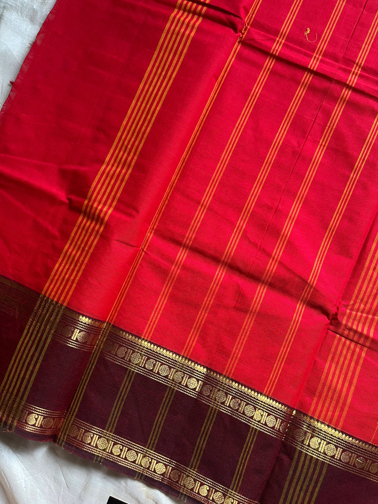 Red Kanchi cotton saree with kattam checks and dual borders – House of Thansha