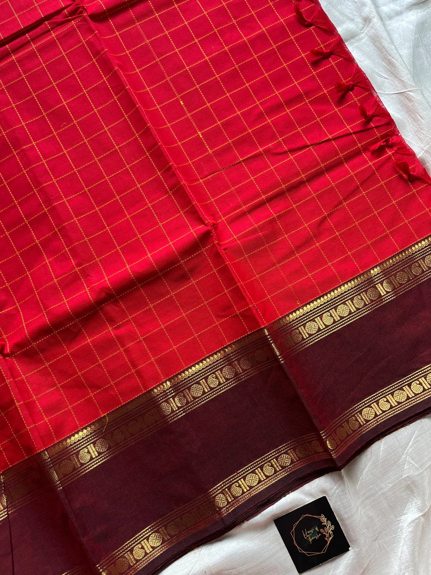 Red Kanchi cotton saree with kattam checks and dual borders – House of Thansha