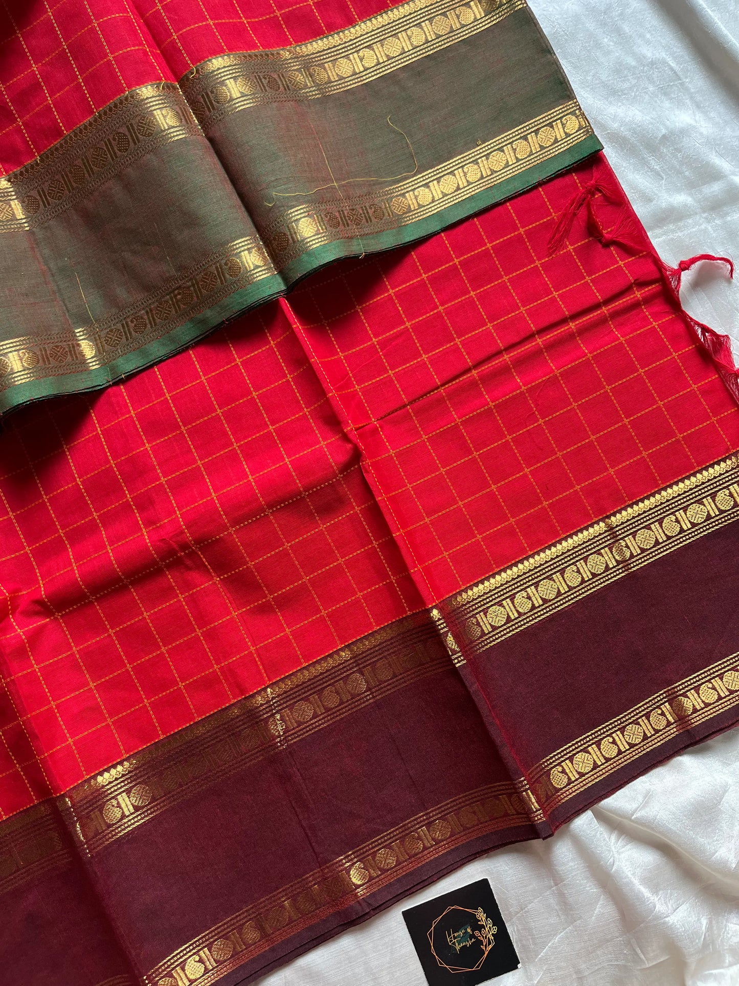 Red Kanchi cotton saree with kattam checks and dual borders – House of Thansha