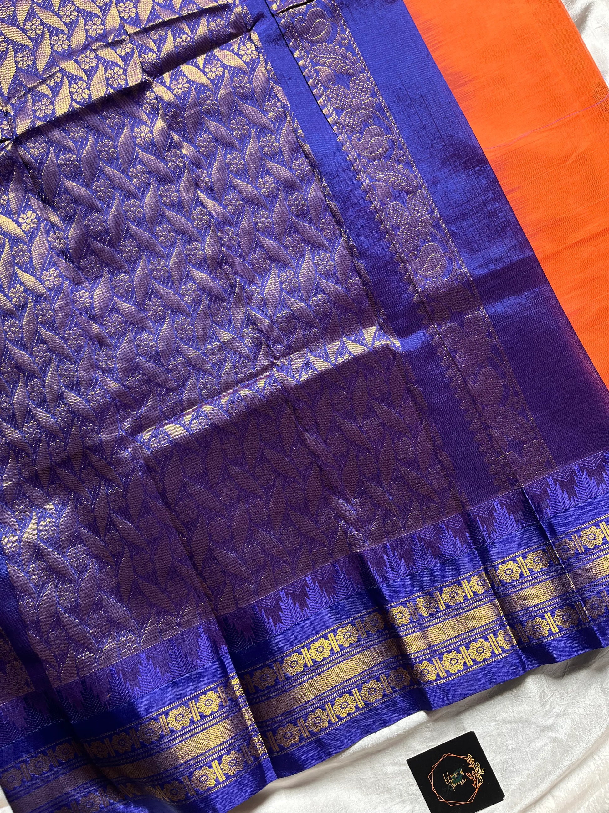 Orange Semi-Silk Cotton Saree with Golden Zari Motifs and Blue Grand Pallu – House of Thansha