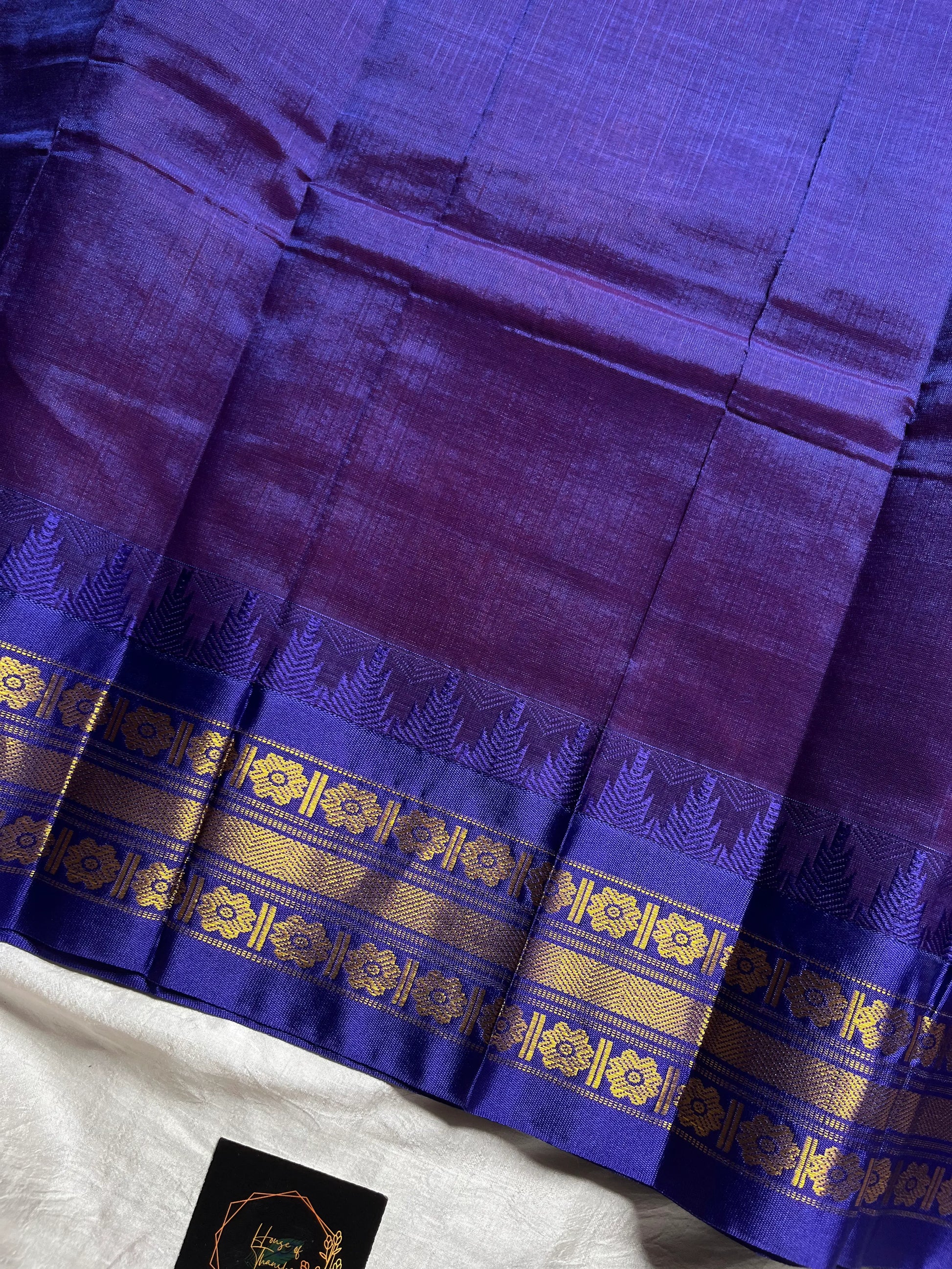 Orange Semi-Silk Cotton Saree with Golden Zari Motifs and Blue Grand Pallu – House of Thansha