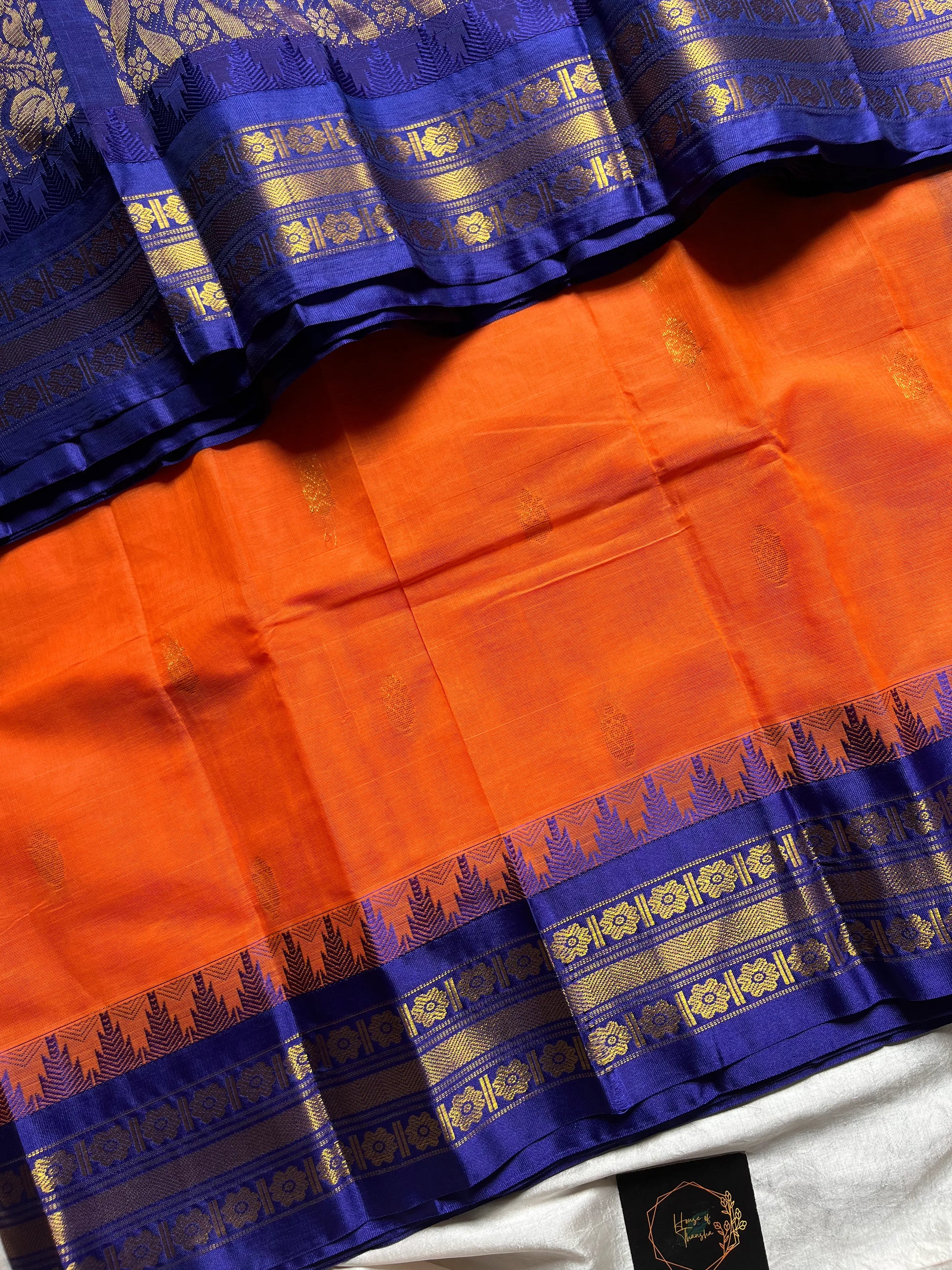 Orange Semi-Silk Cotton Saree with Golden Zari Motifs and Blue Grand Pallu – House of Thansha