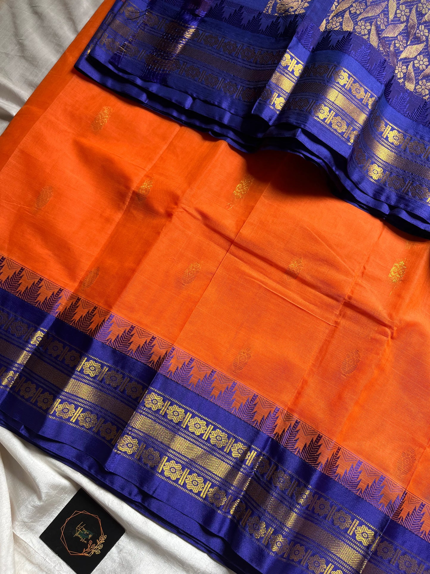 Orange Semi-Silk Cotton Saree with Golden Zari Motifs and Blue Grand Pallu – House of Thansha