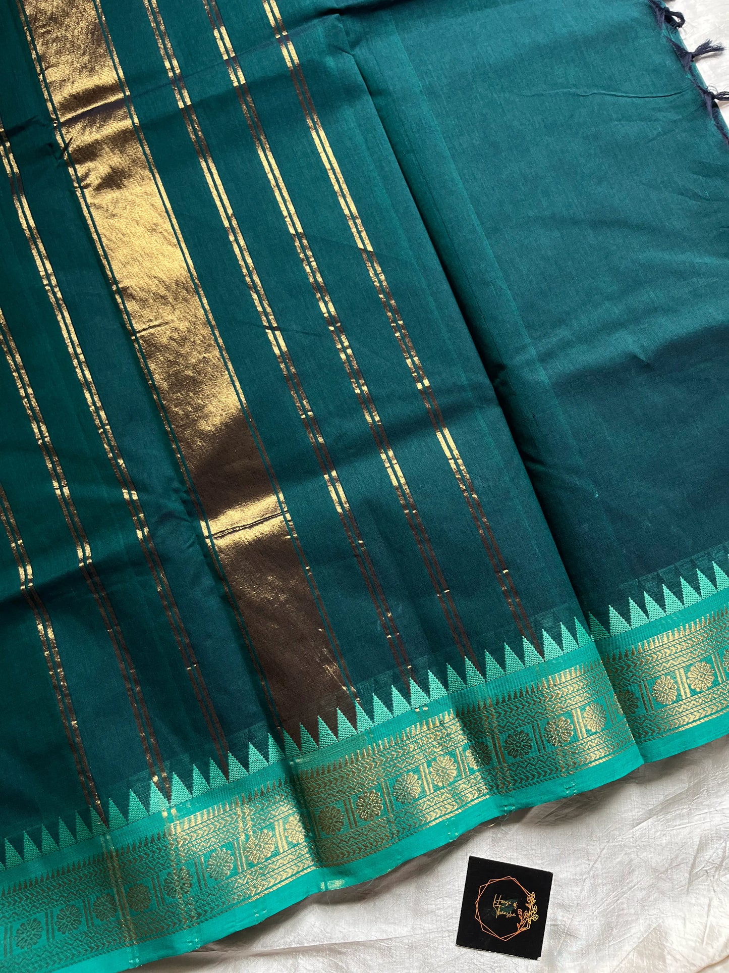 Peacock Tone Chettinadu Cotton Saree with Vibrant Blue Zari Border – House of Thansha