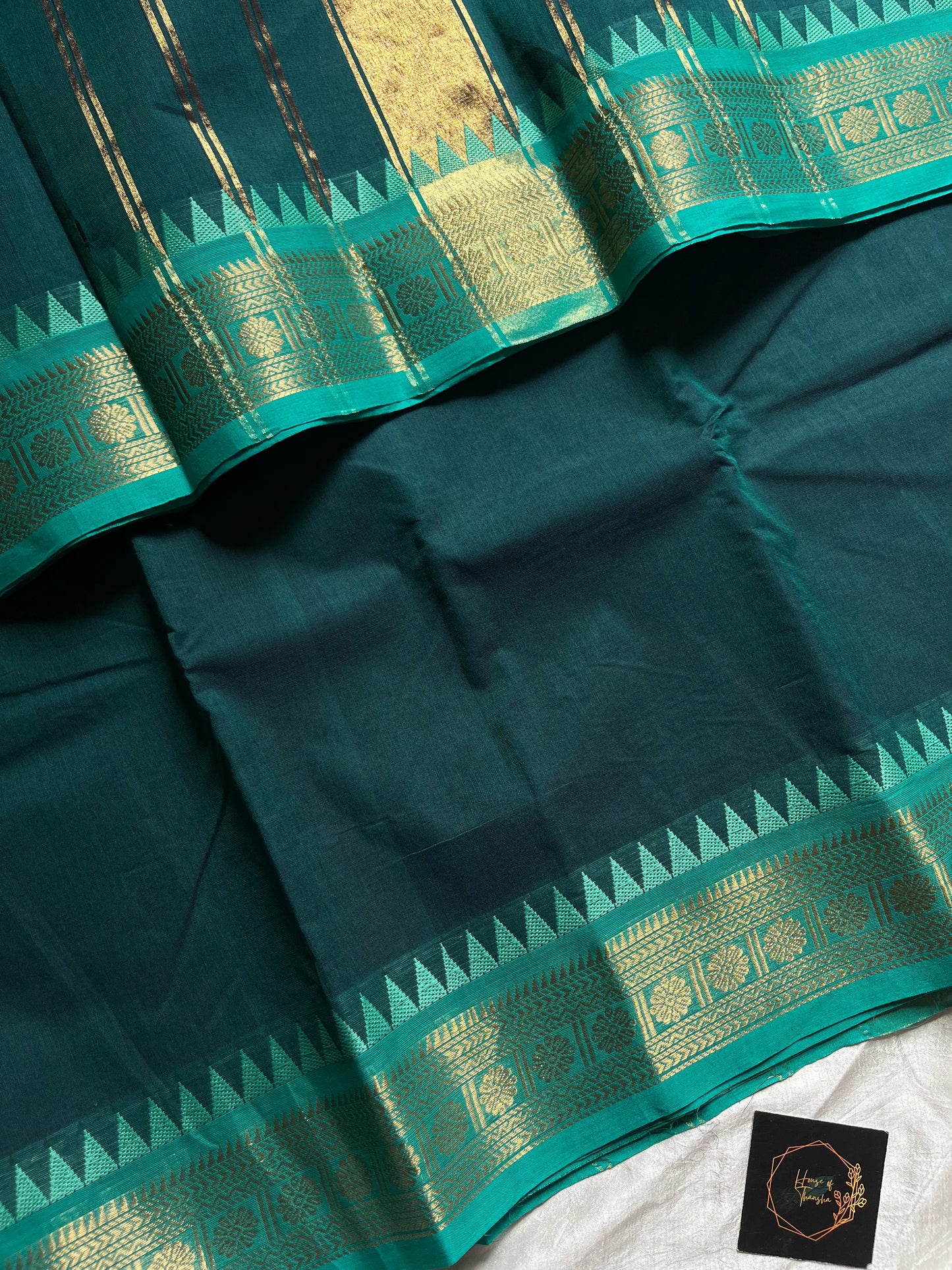 Peacock Tone Chettinadu Cotton Saree with Vibrant Blue Zari Border – House of Thansha
