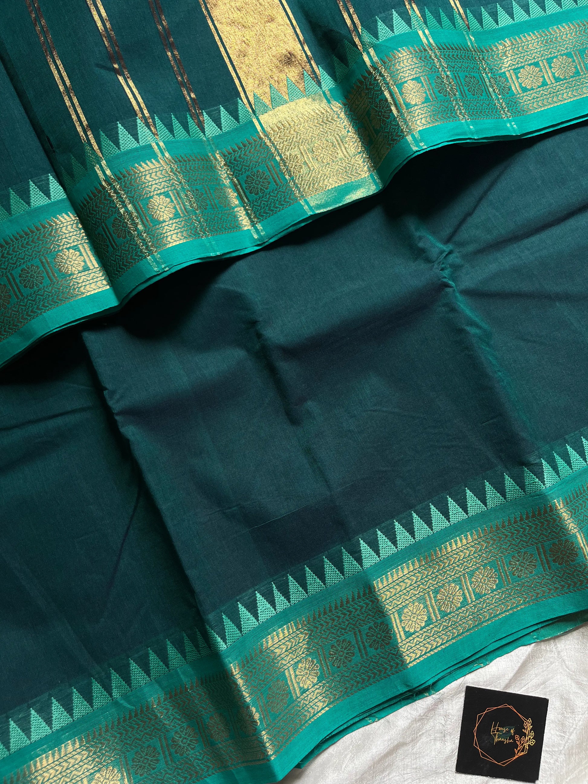 Peacock Tone Chettinadu Cotton Saree with Vibrant Blue Zari Border – House of Thansha