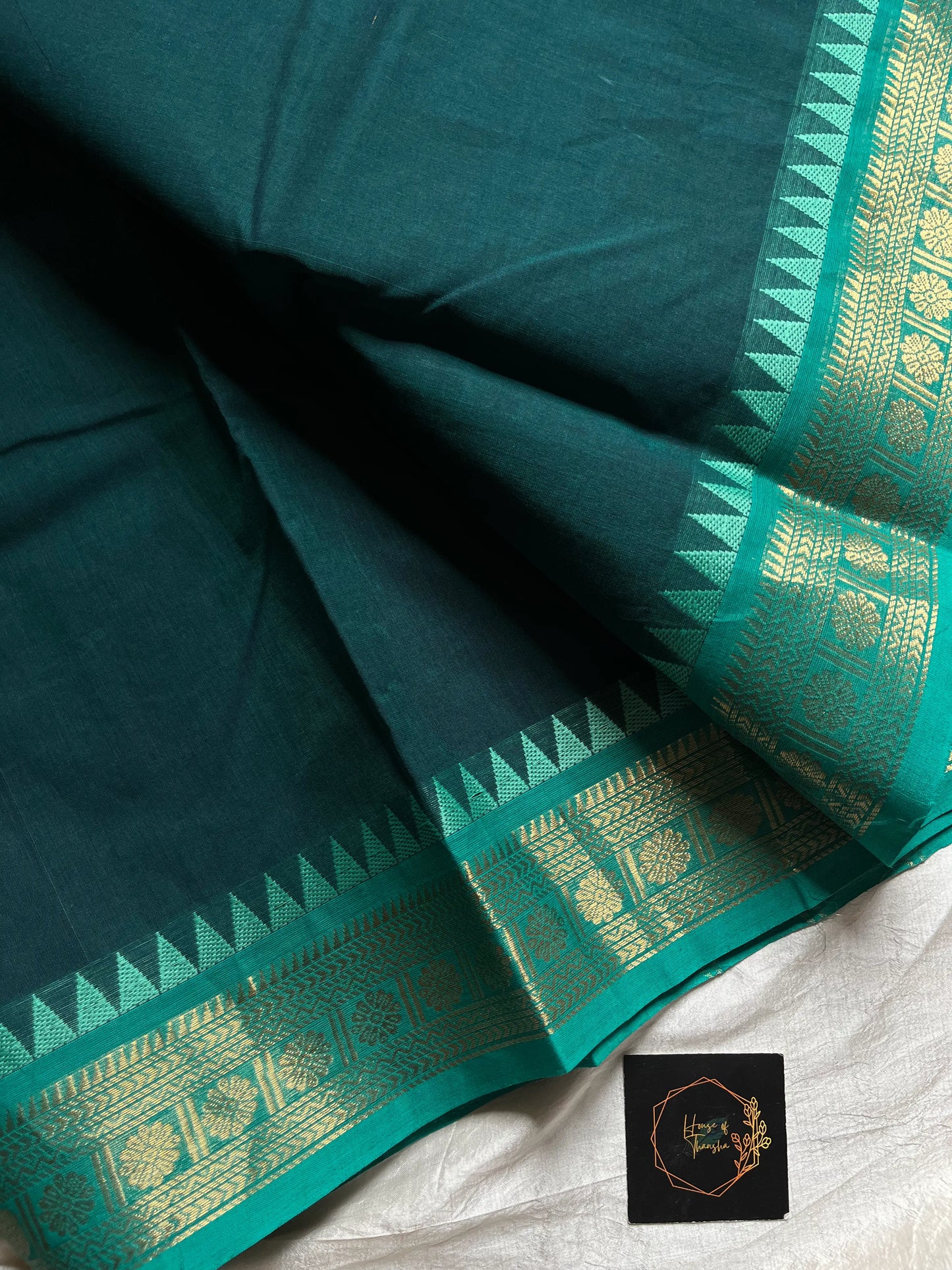 Peacock Tone Chettinadu Cotton Saree with Vibrant Blue Zari Border – House of Thansha