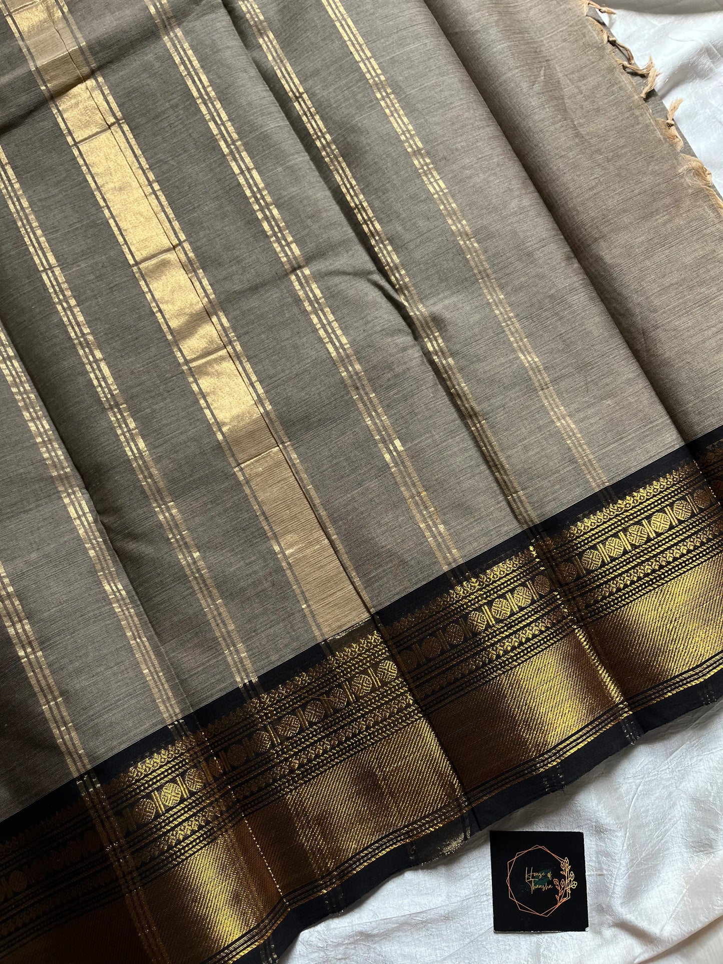 Grey Chettinadu Cotton Saree with Black Zari Border – House of Thansha