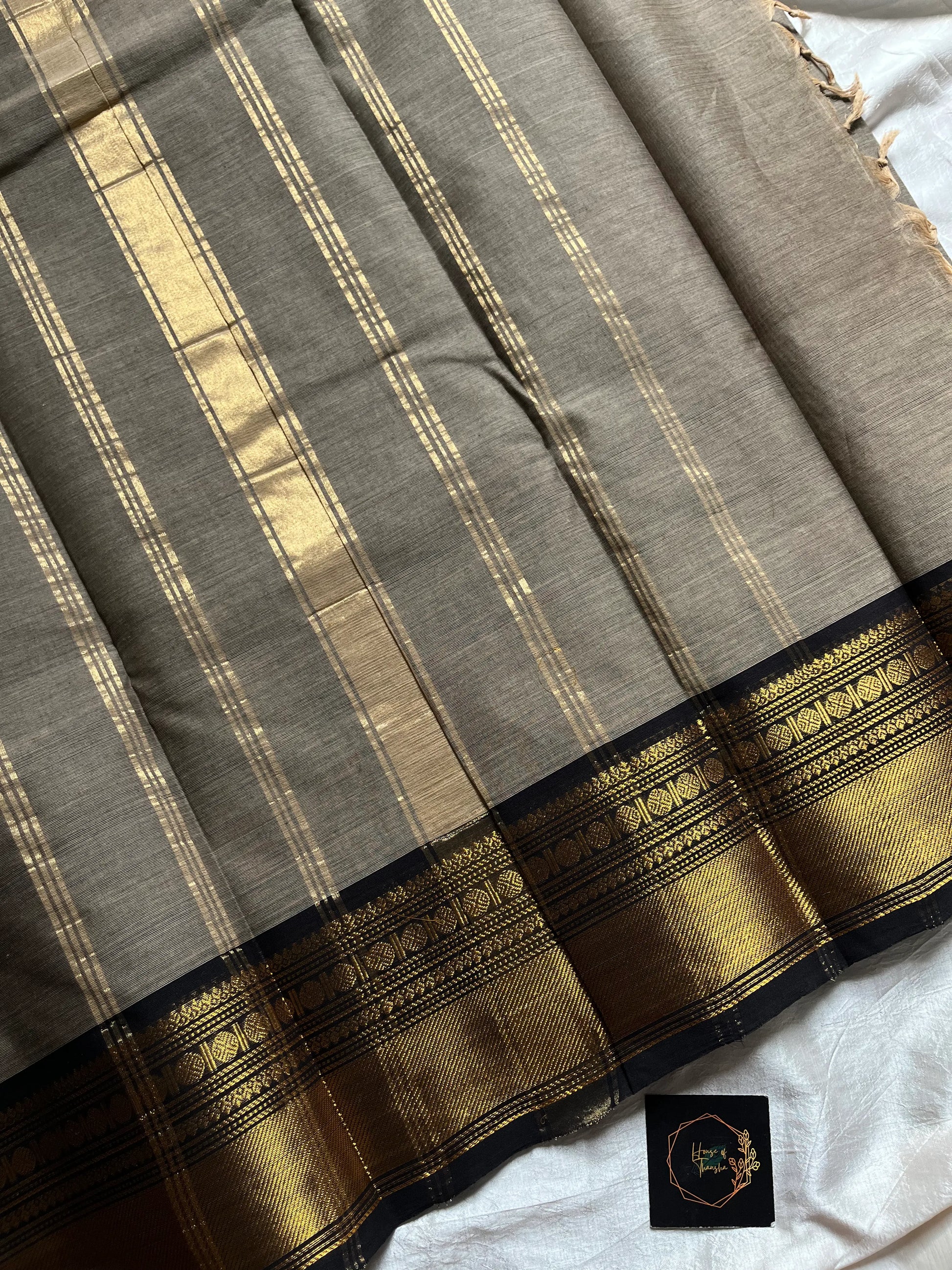 Grey Chettinadu Cotton Saree with Black Zari Border – House of Thansha