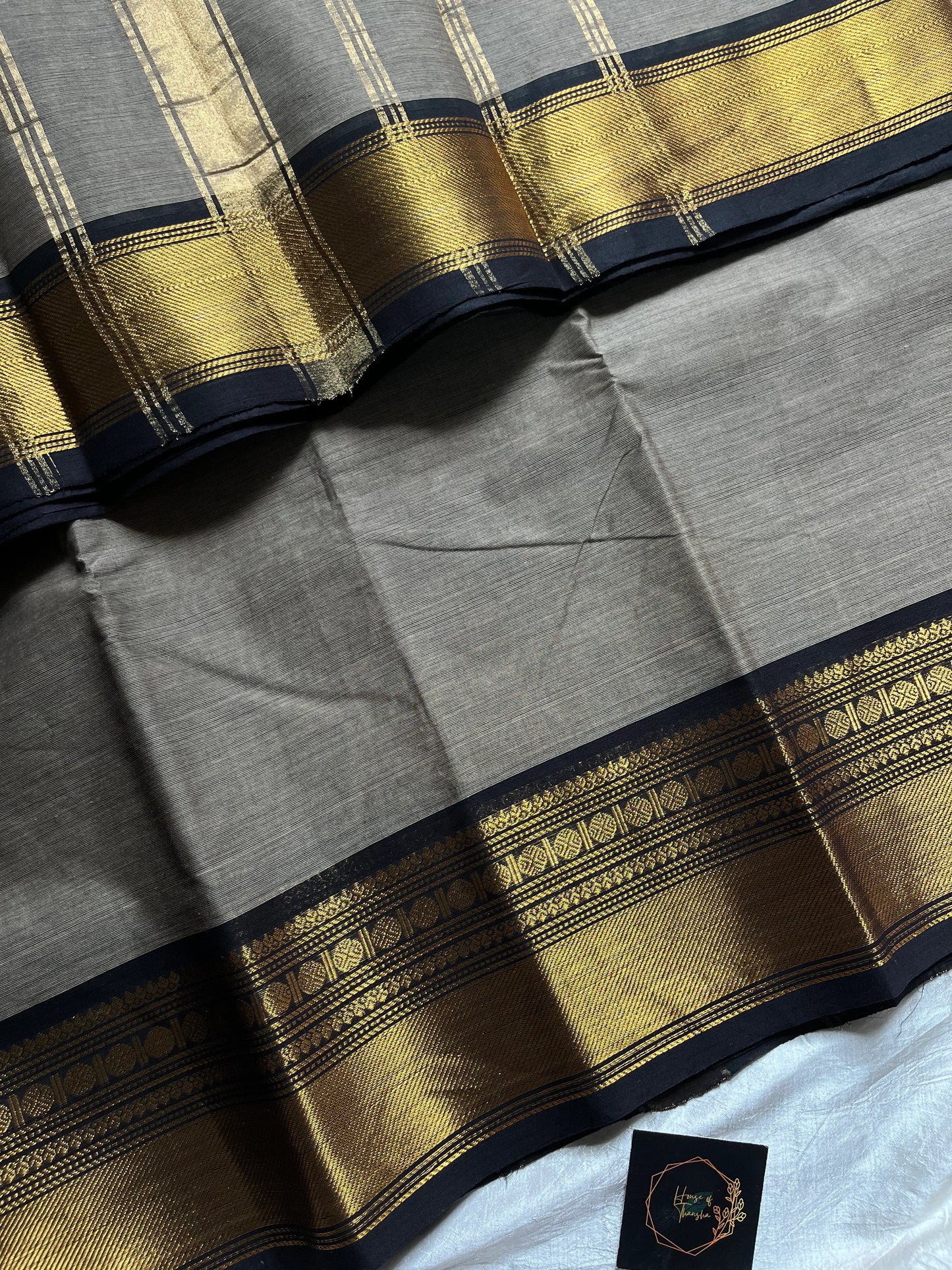 Grey Chettinadu Cotton Saree with Black Zari Border – House of Thansha