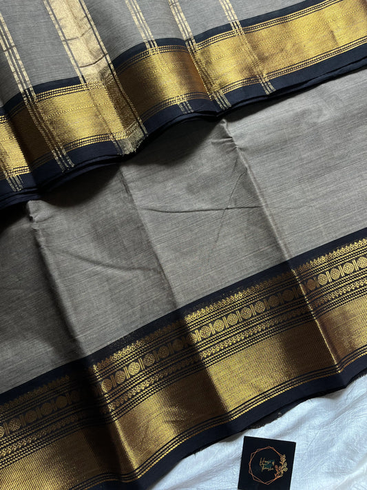 Grey Chettinadu Cotton Saree with Black Zari Border – House of Thansha