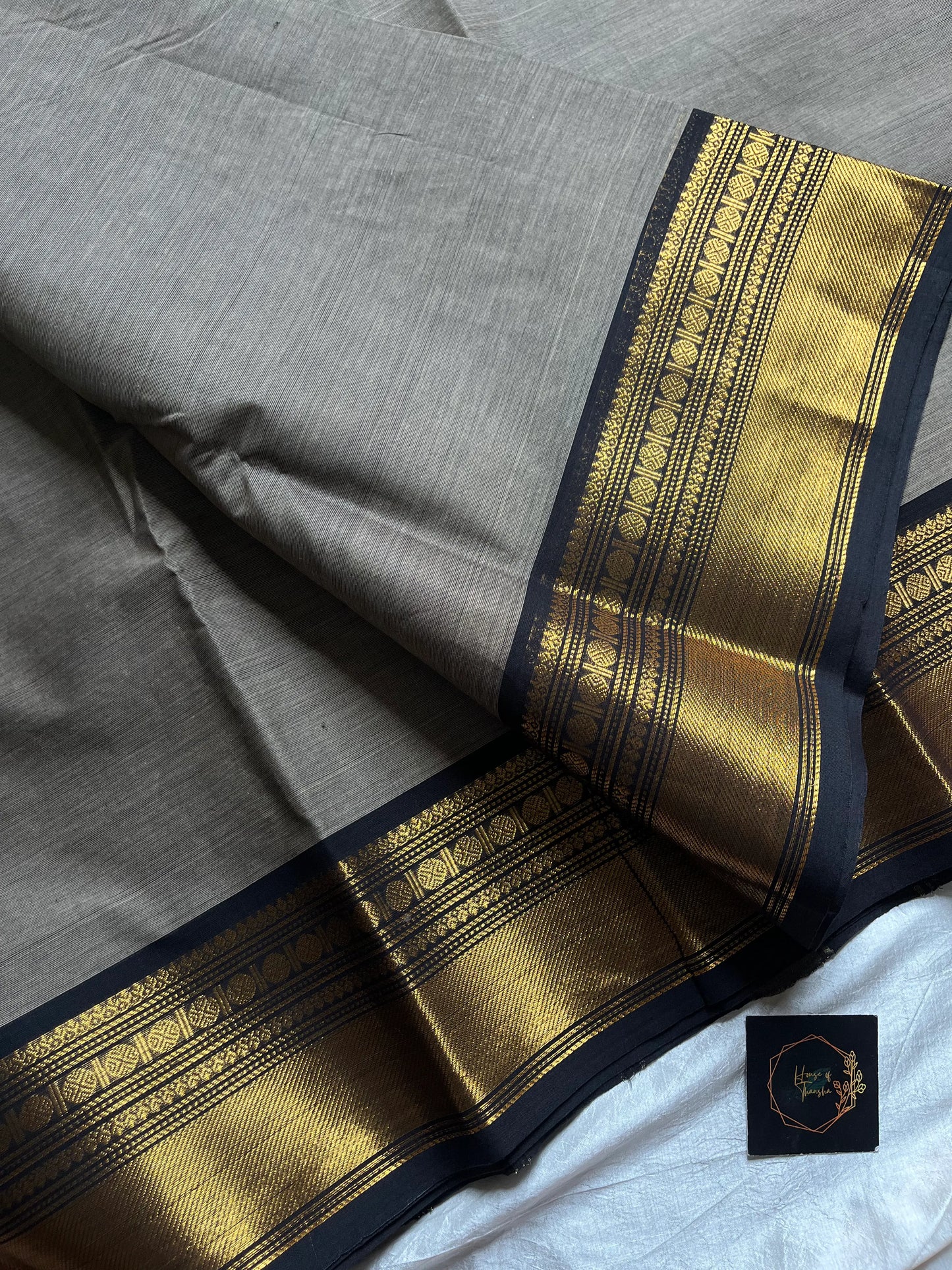Grey Chettinadu Cotton Saree with Black Zari Border – House of Thansha