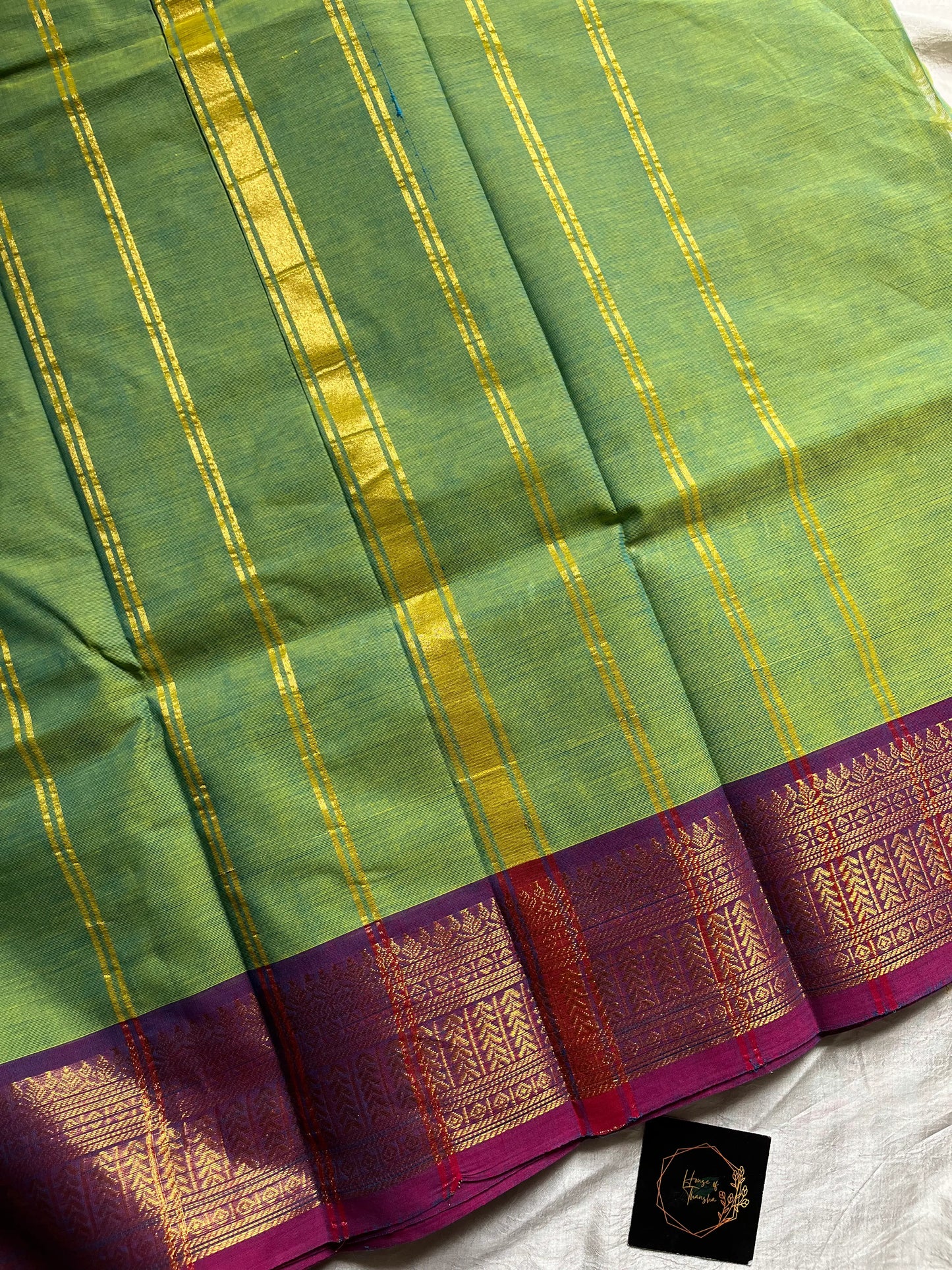 Green Chettinadu Cotton Saree with Purple Zari Border – House of Thansha