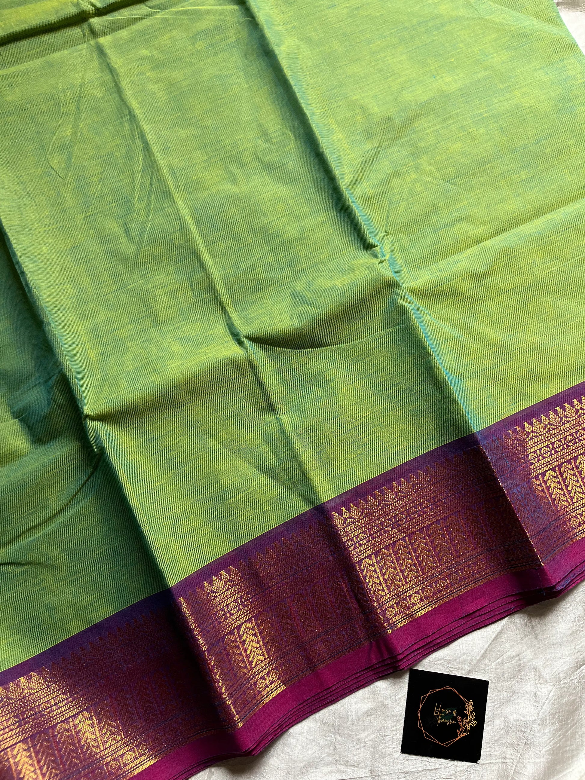 Green Chettinadu Cotton Saree with Purple Zari Border – House of Thansha