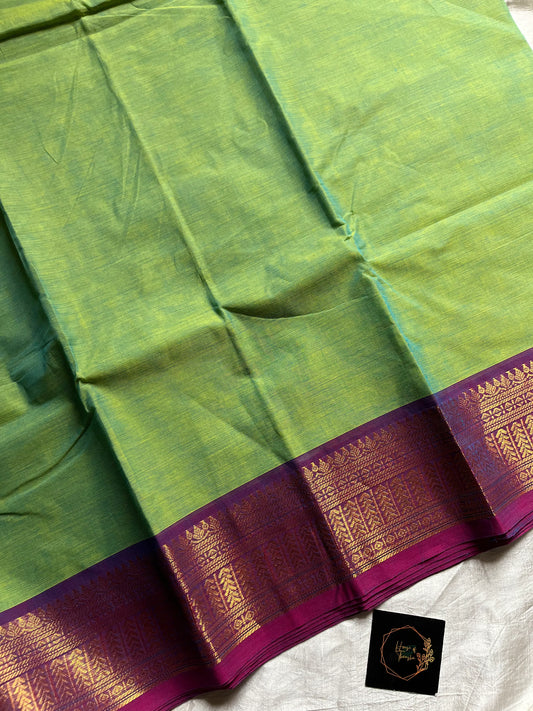 Green Chettinadu Cotton Saree with Purple Zari Border – House of Thansha