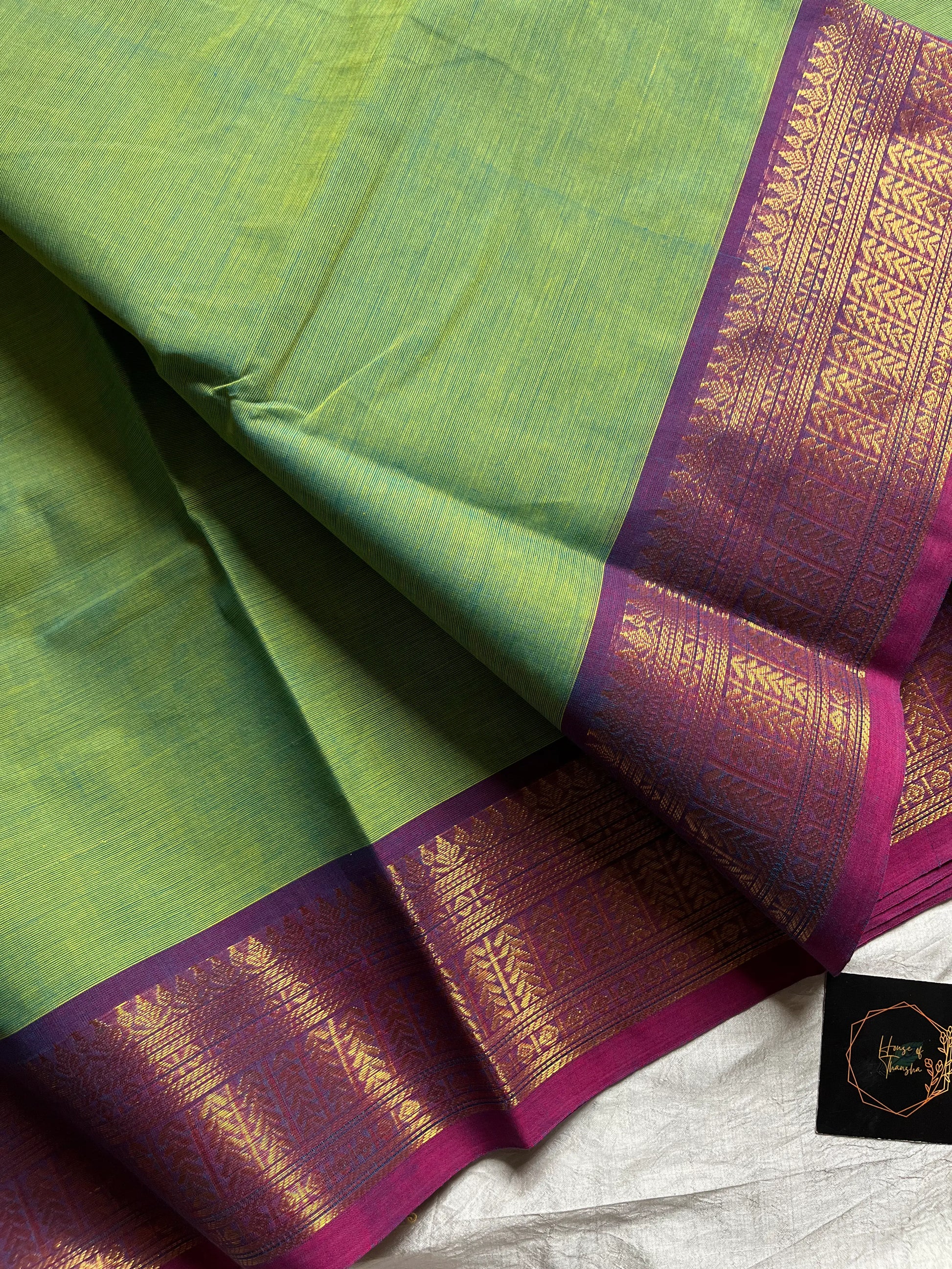 Green Chettinadu Cotton Saree with Purple Zari Border – House of Thansha