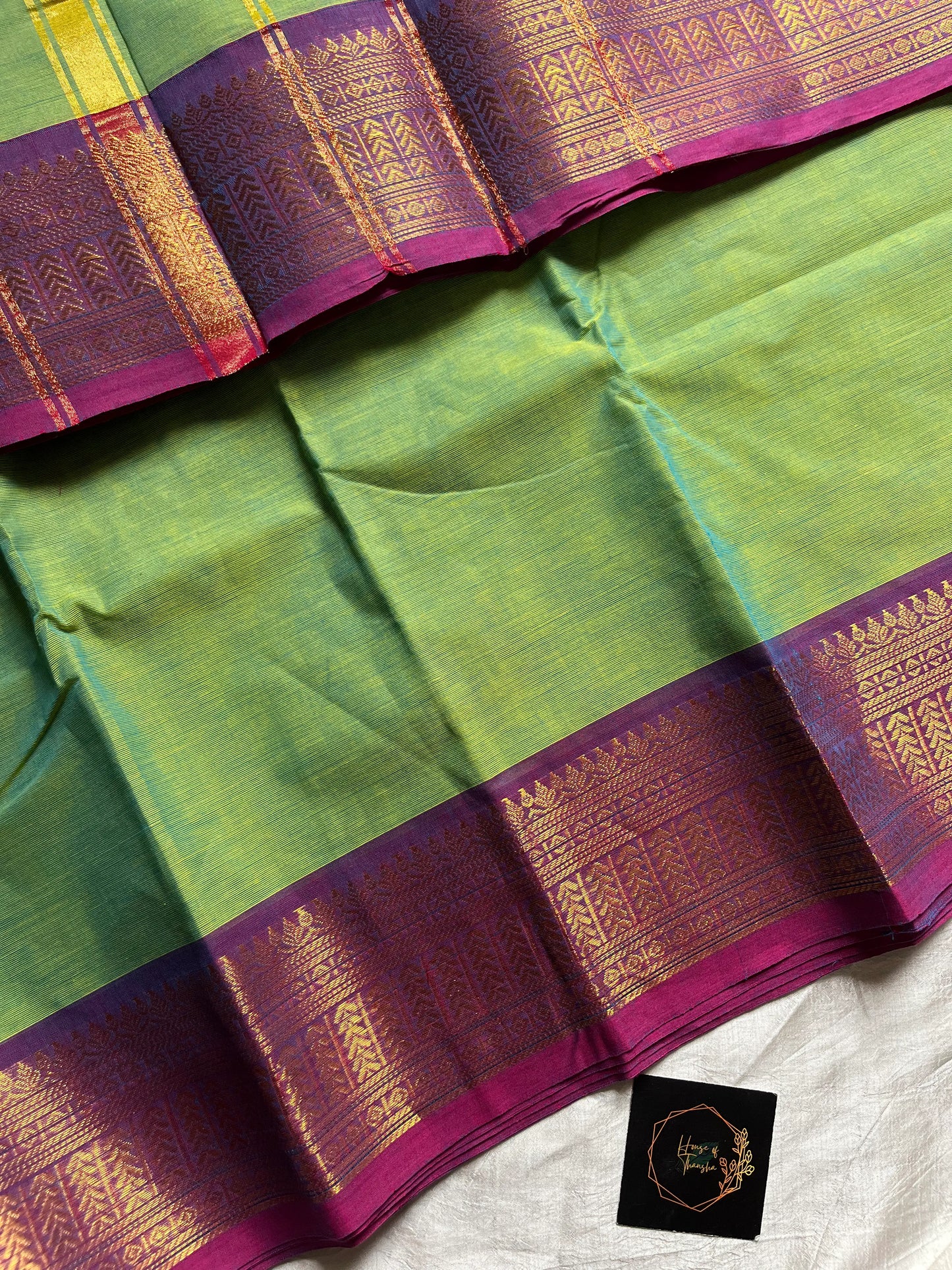 Green Chettinadu Cotton Saree with Purple Zari Border – House of Thansha