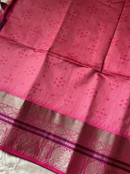 Pink silk cotton saree with Bandhani design – festive drape from House of Thansha