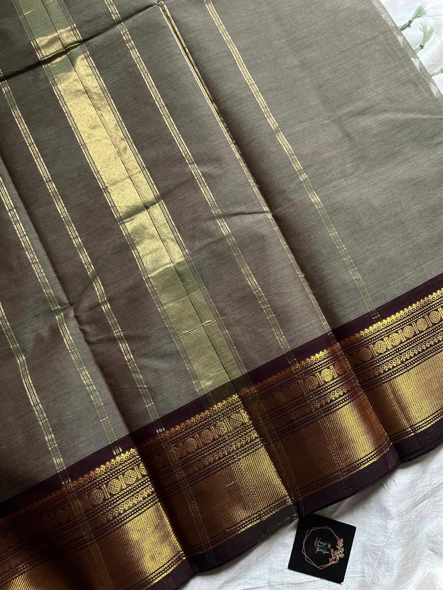 Grey Chettinadu Cotton Saree with Coffee Brown Zari Border – House of Thansha
