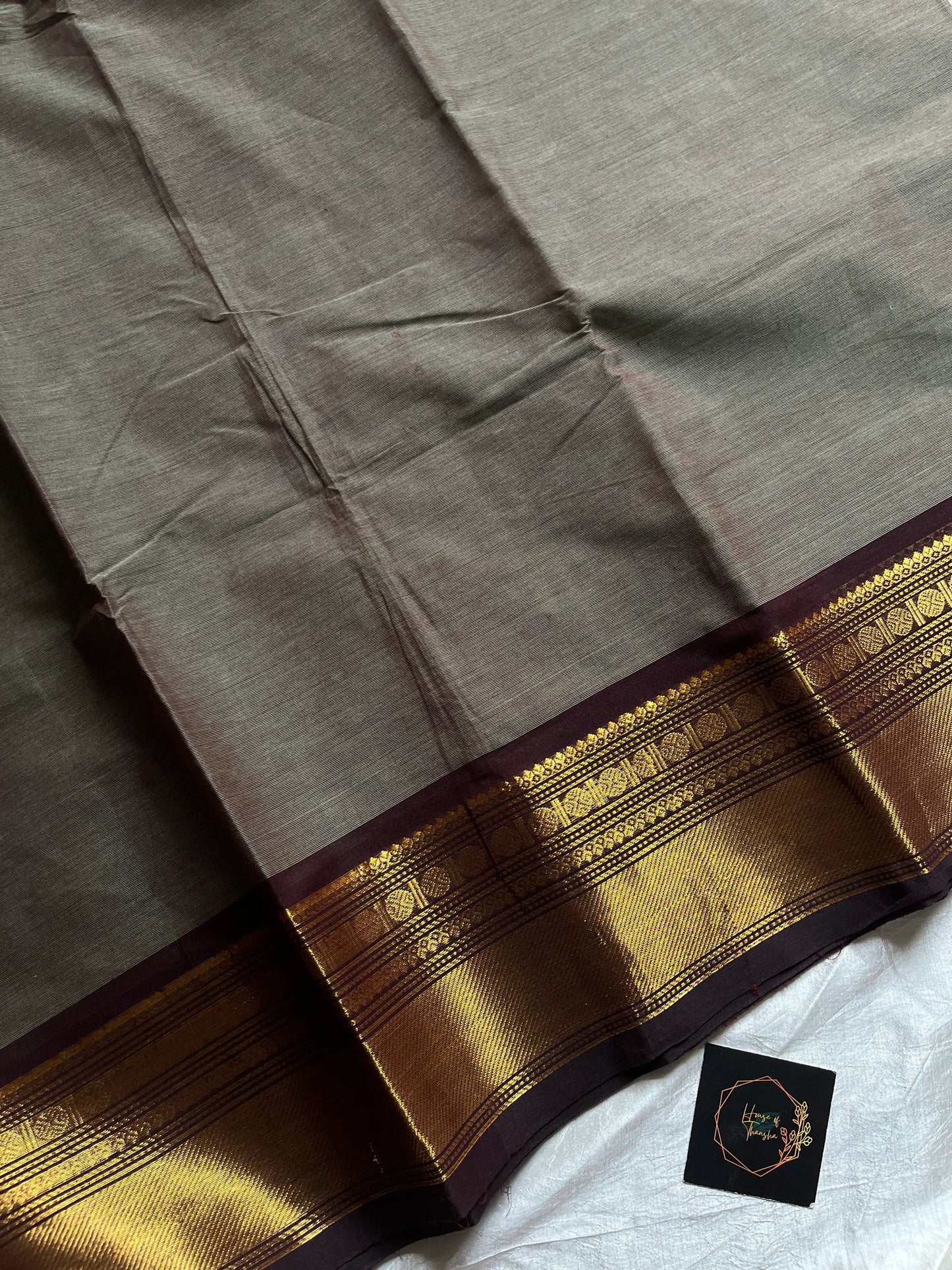 Grey Chettinadu Cotton Saree with Coffee Brown Zari Border – House of Thansha