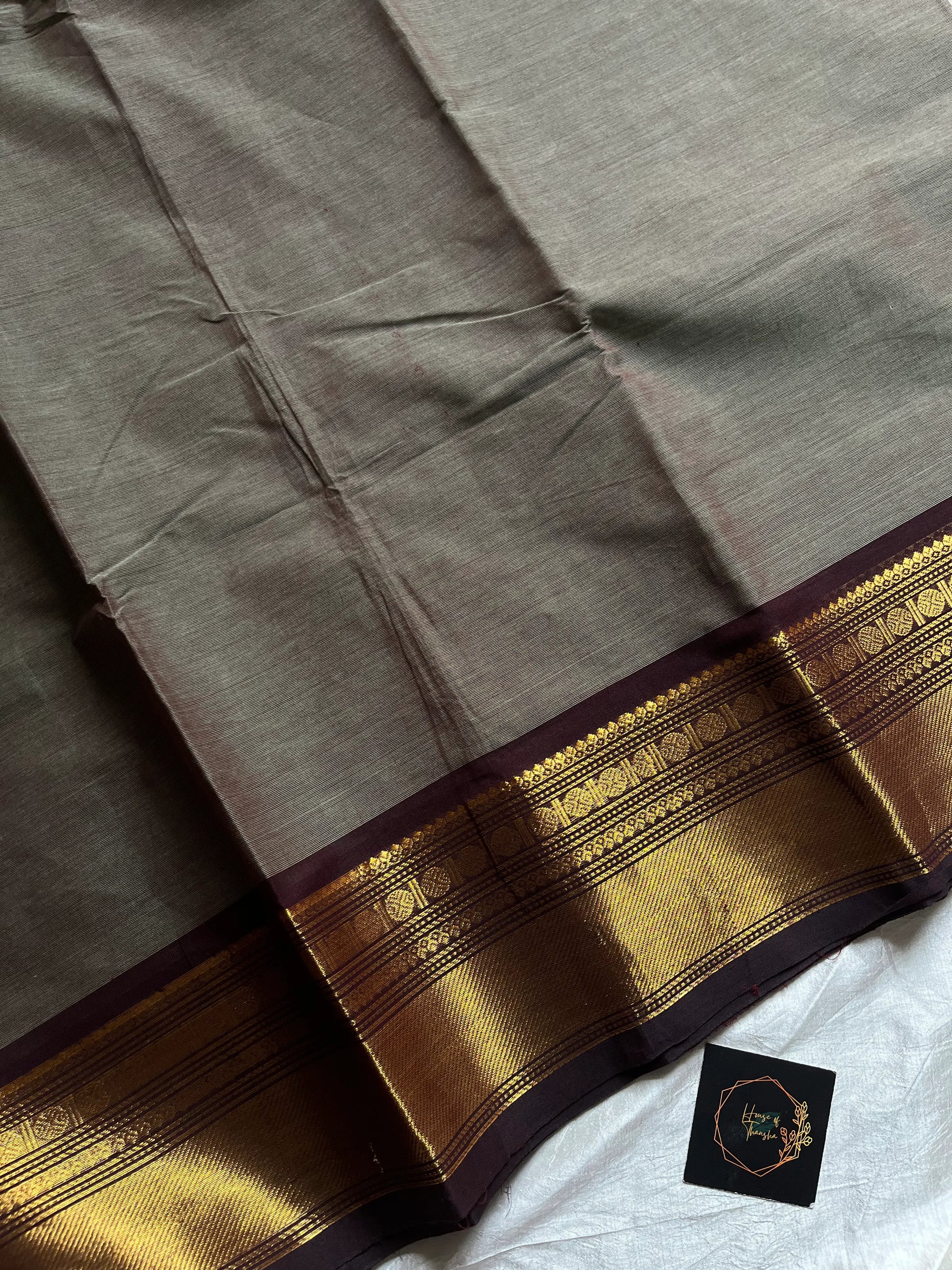 Grey Chettinadu Cotton Saree with Coffee Brown Zari Border – House of Thansha