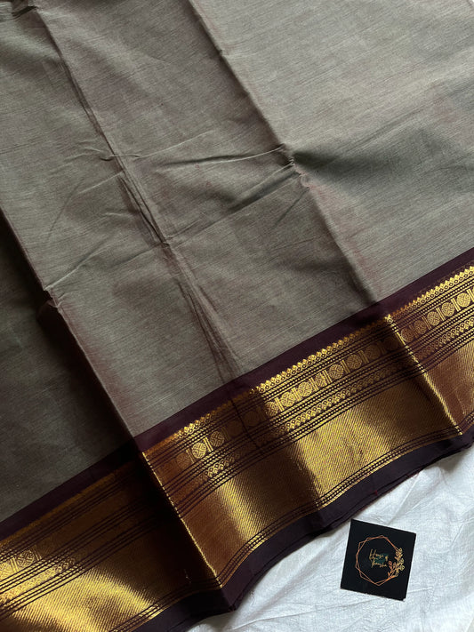 Grey Chettinadu Cotton Saree with Coffee Brown Zari Border – House of Thansha