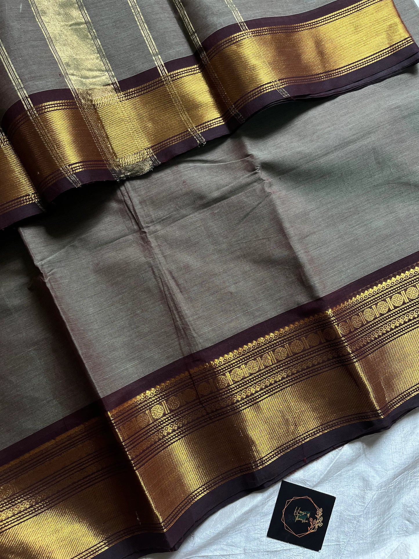Grey Chettinadu Cotton Saree with Coffee Brown Zari Border – House of Thansha