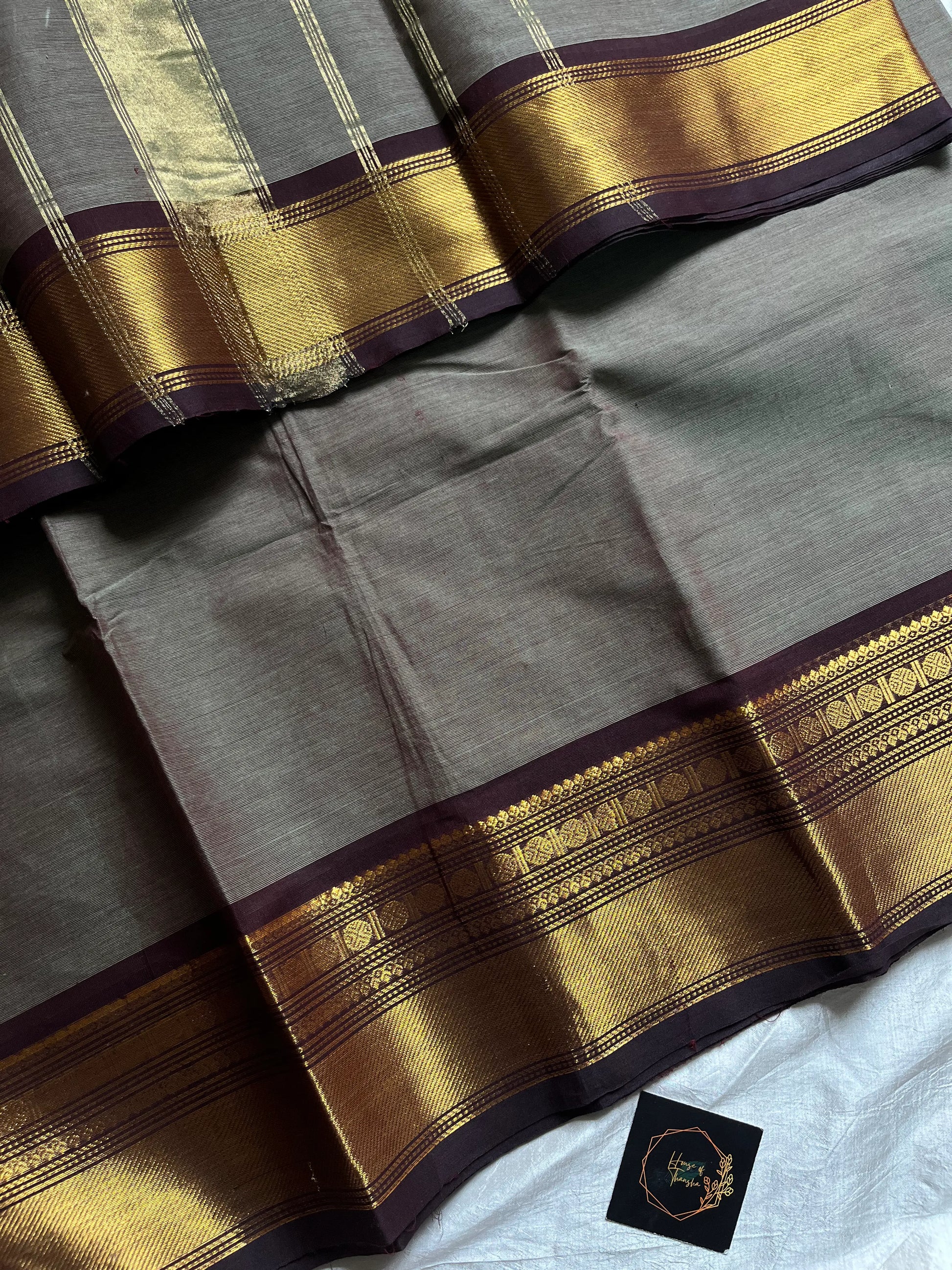 Grey Chettinadu Cotton Saree with Coffee Brown Zari Border – House of Thansha
