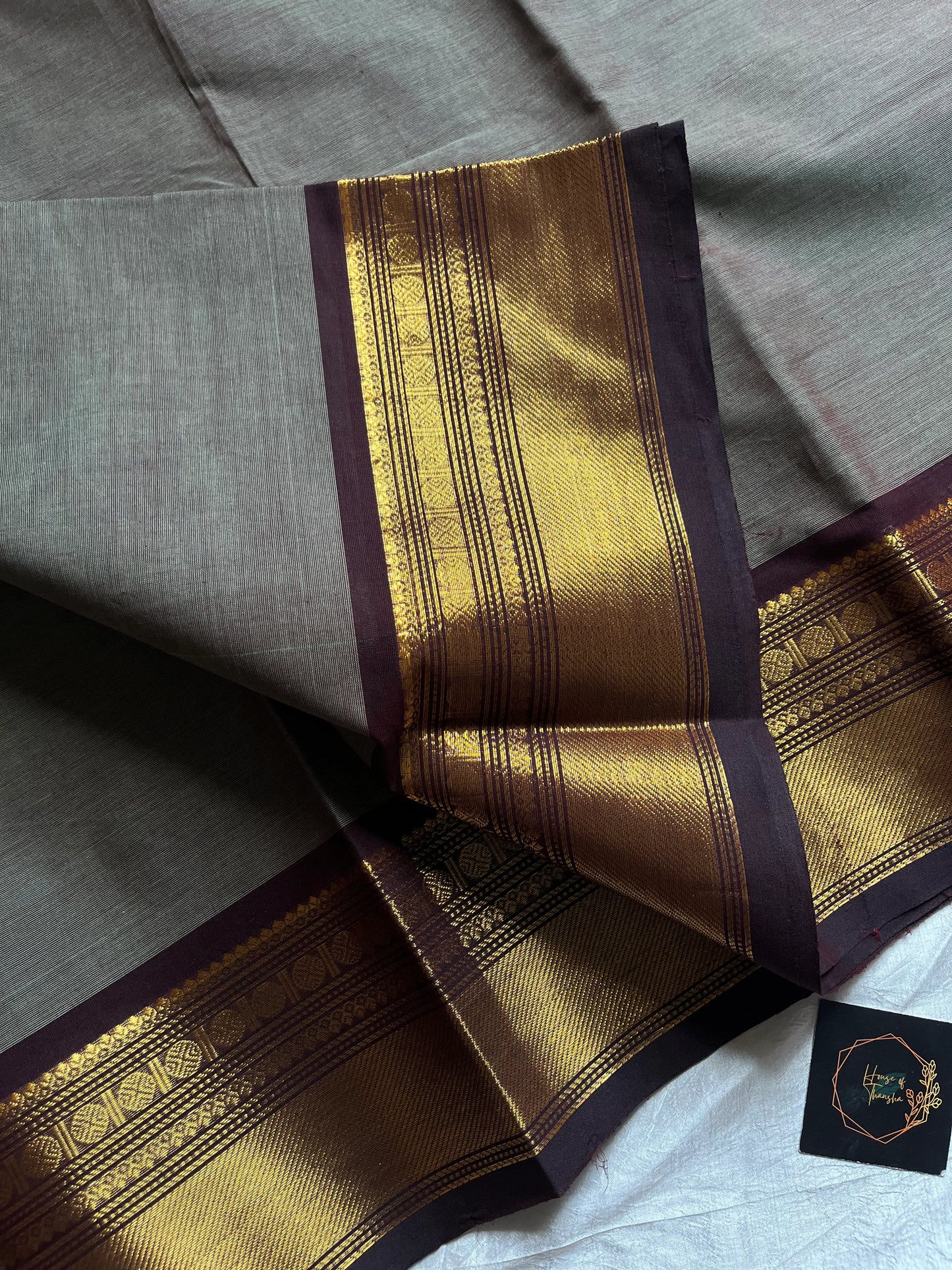 Grey Chettinadu Cotton Saree with Coffee Brown Zari Border – House of Thansha