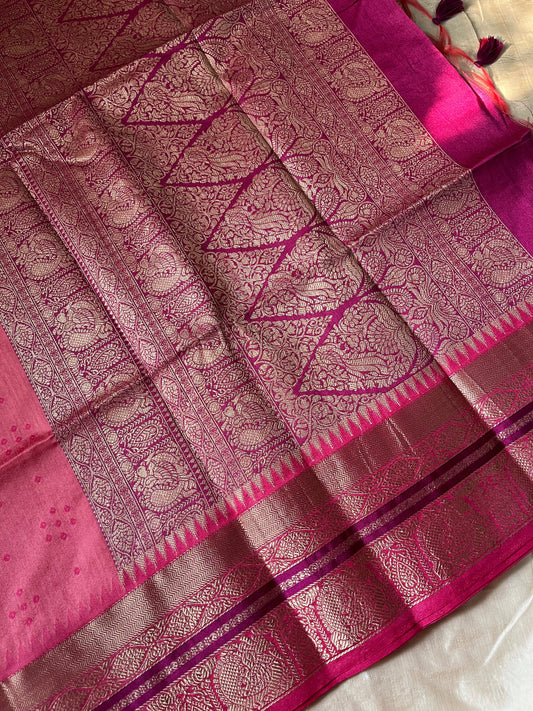 Pink silk cotton saree with Bandhani design – festive drape from House of Thansha