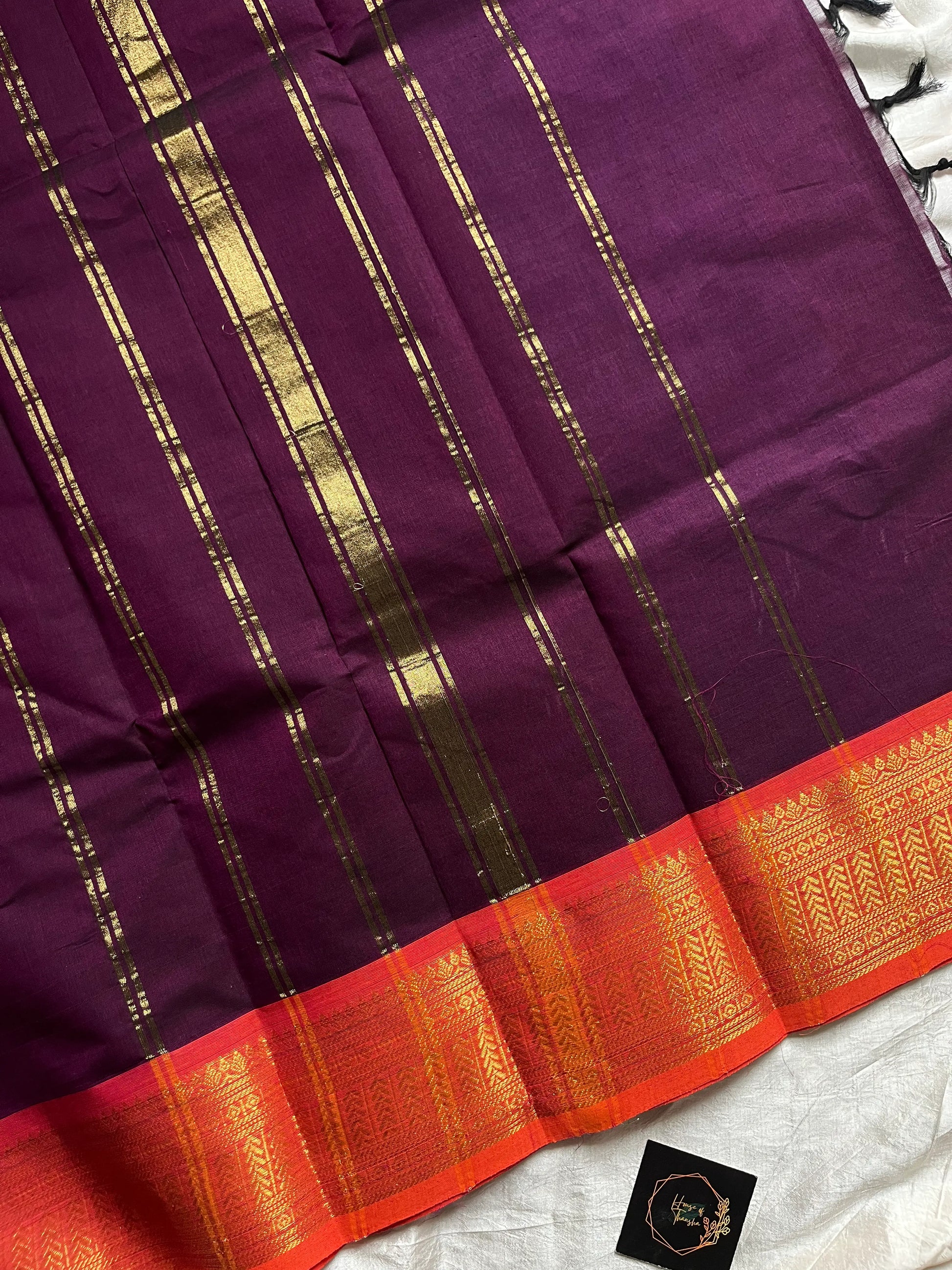 Dark Purple Chettinadu Cotton Saree with Orange Zari Border – House of Thansha