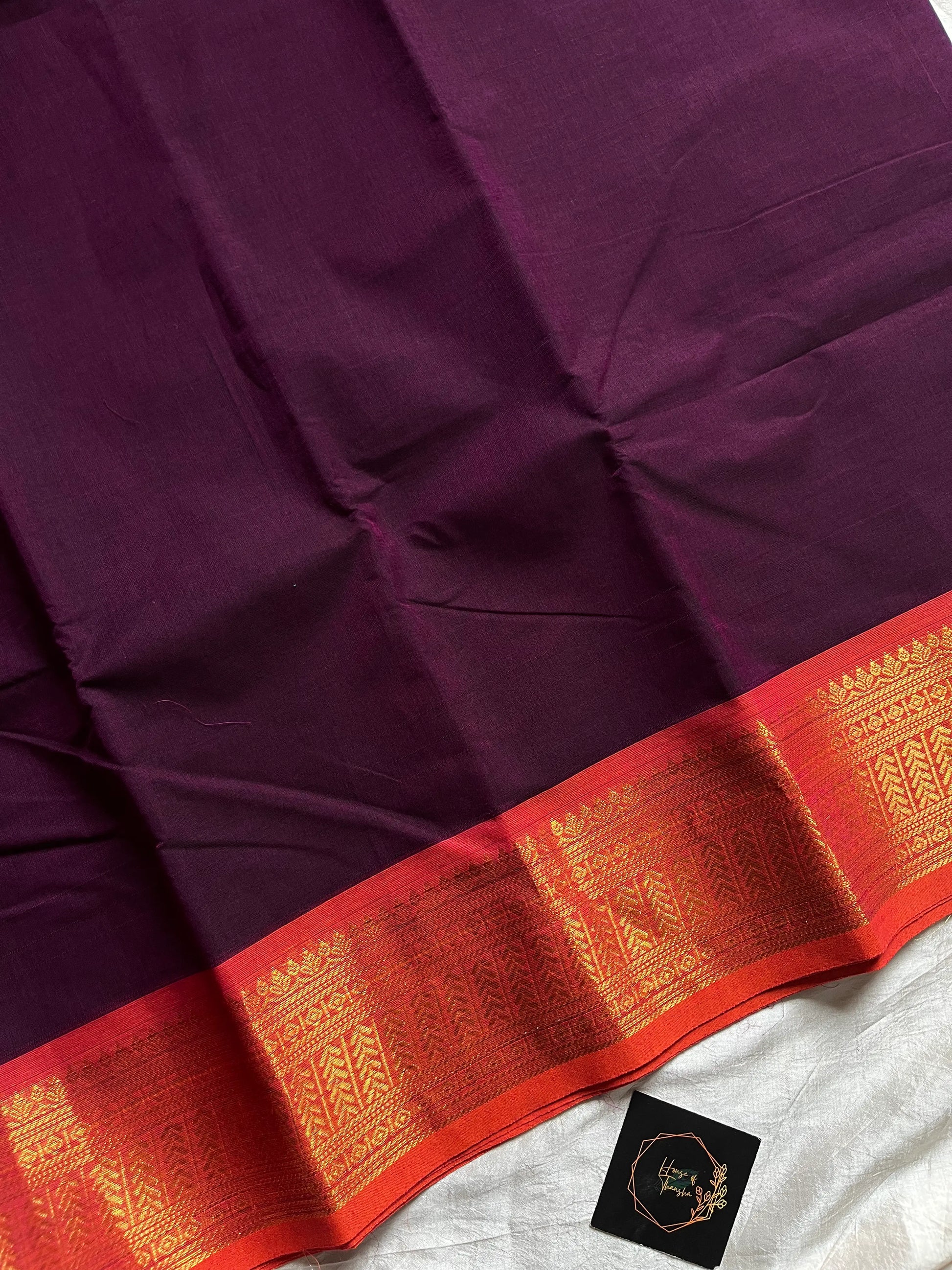 Dark Purple Chettinadu Cotton Saree with Orange Zari Border – House of Thansha