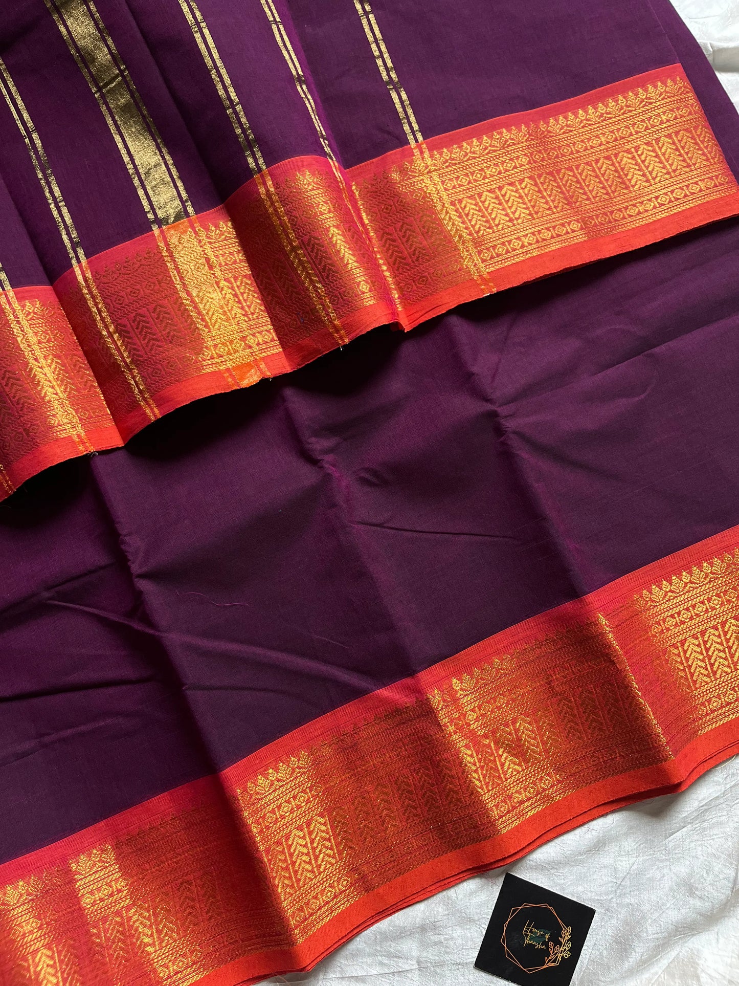 Dark Purple Chettinadu Cotton Saree with Orange Zari Border – House of Thansha